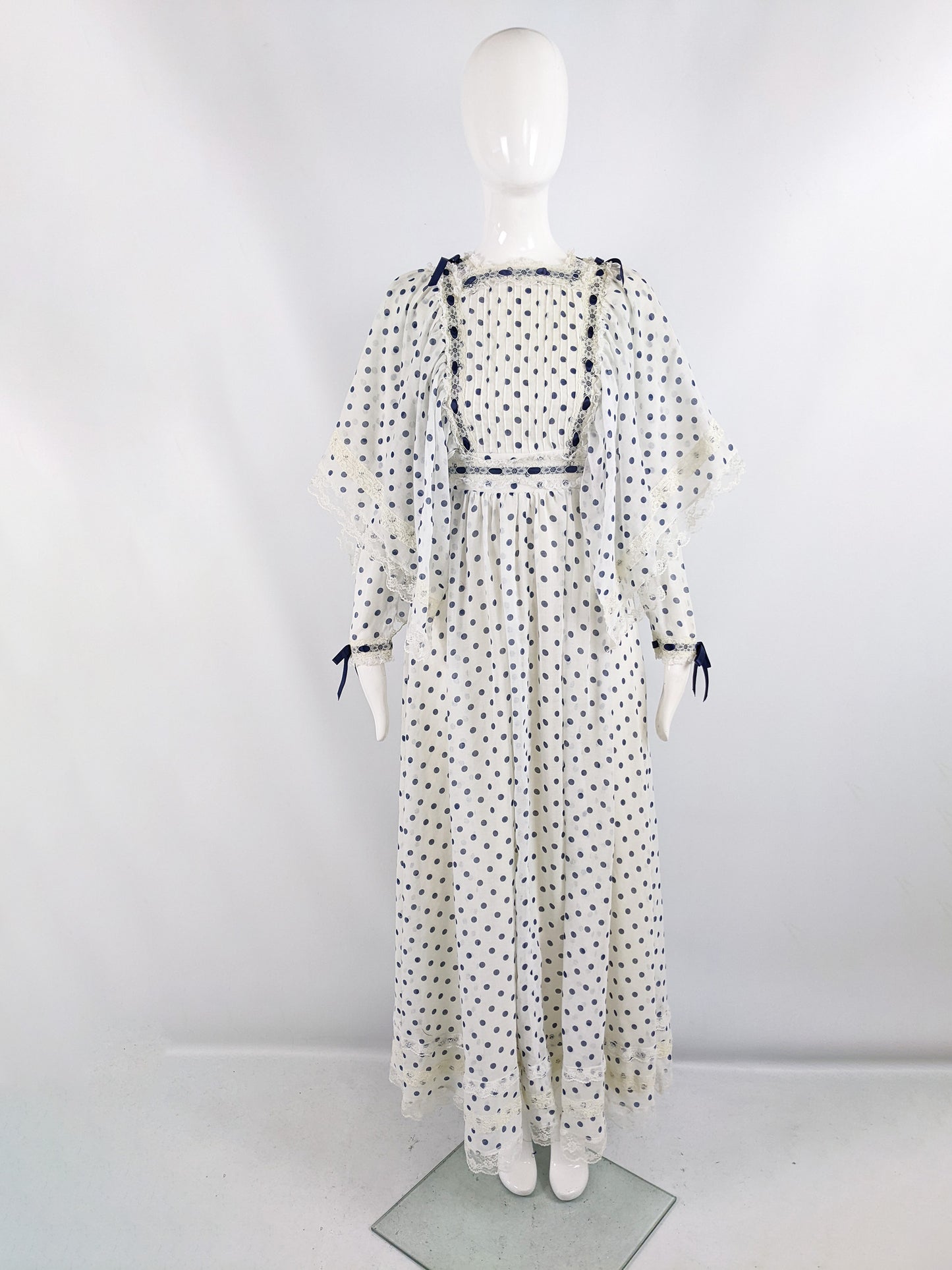 Vintage Off White & Navy Blue Polka Dot Historical Dress, 1970s