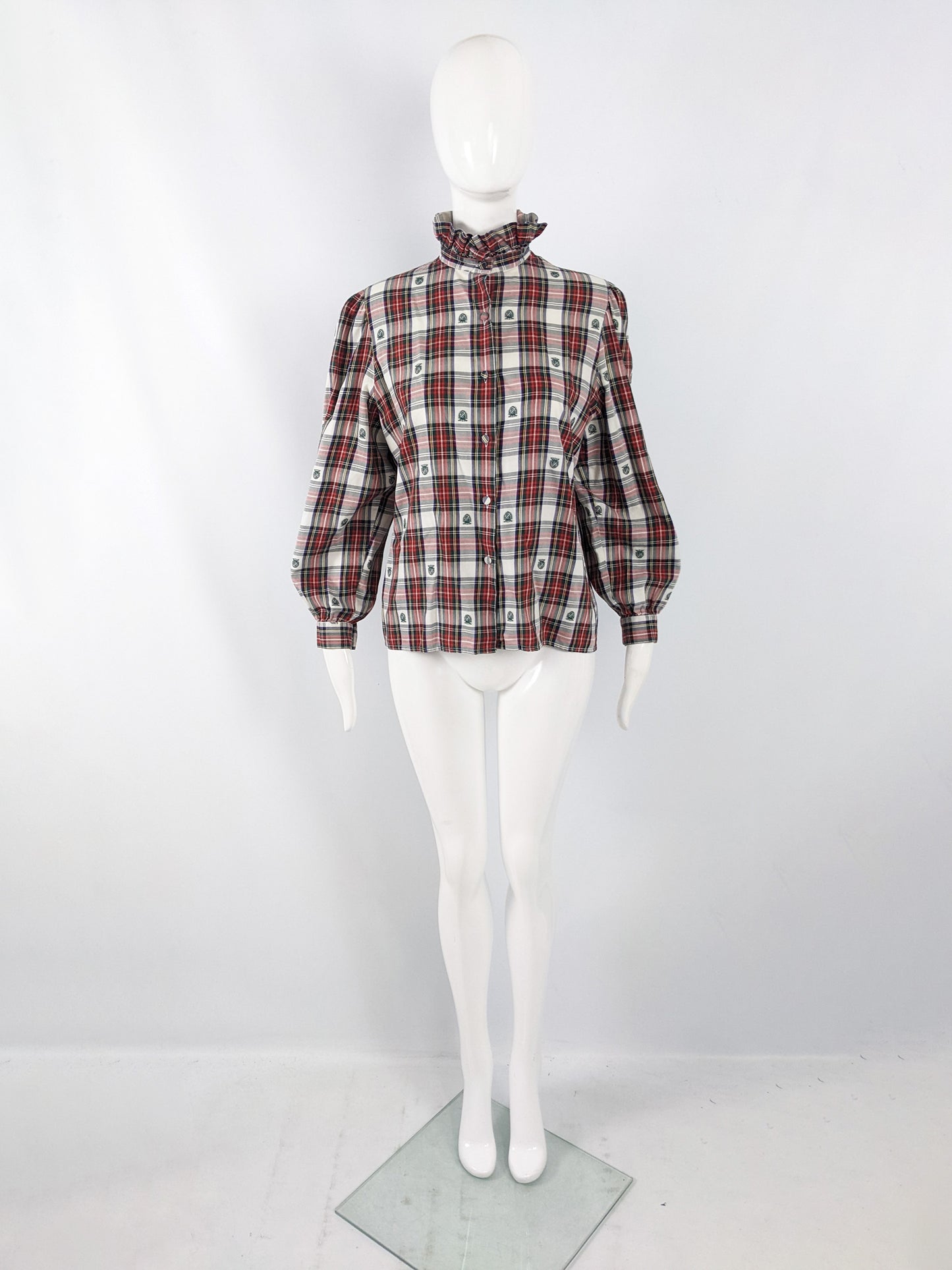 Vintage 1980s Red, White & Green Tartan Check Ruffle Shirt