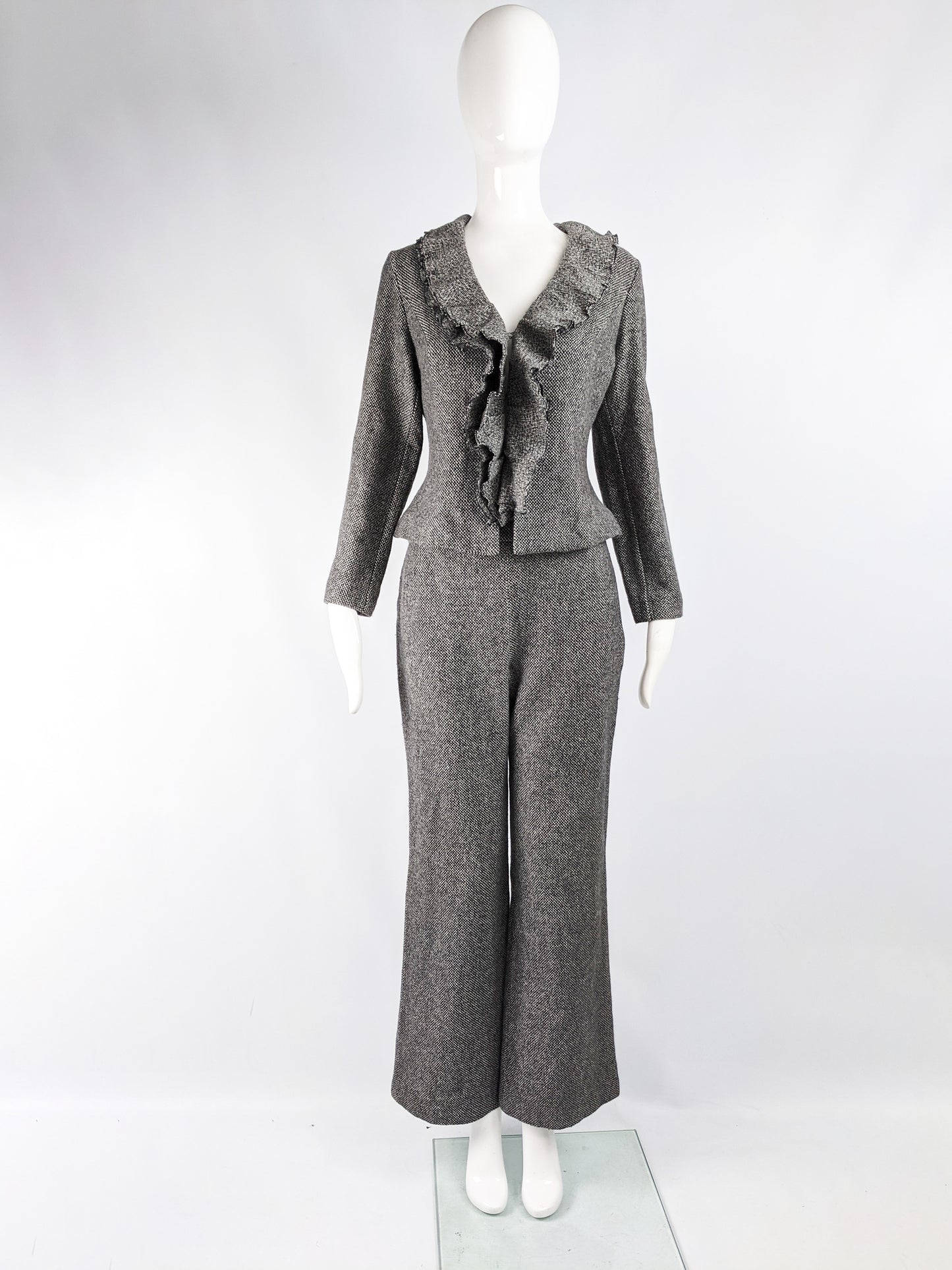 Womens Vintage Wool Tweed Wide Leg Pant Suit, 1990s