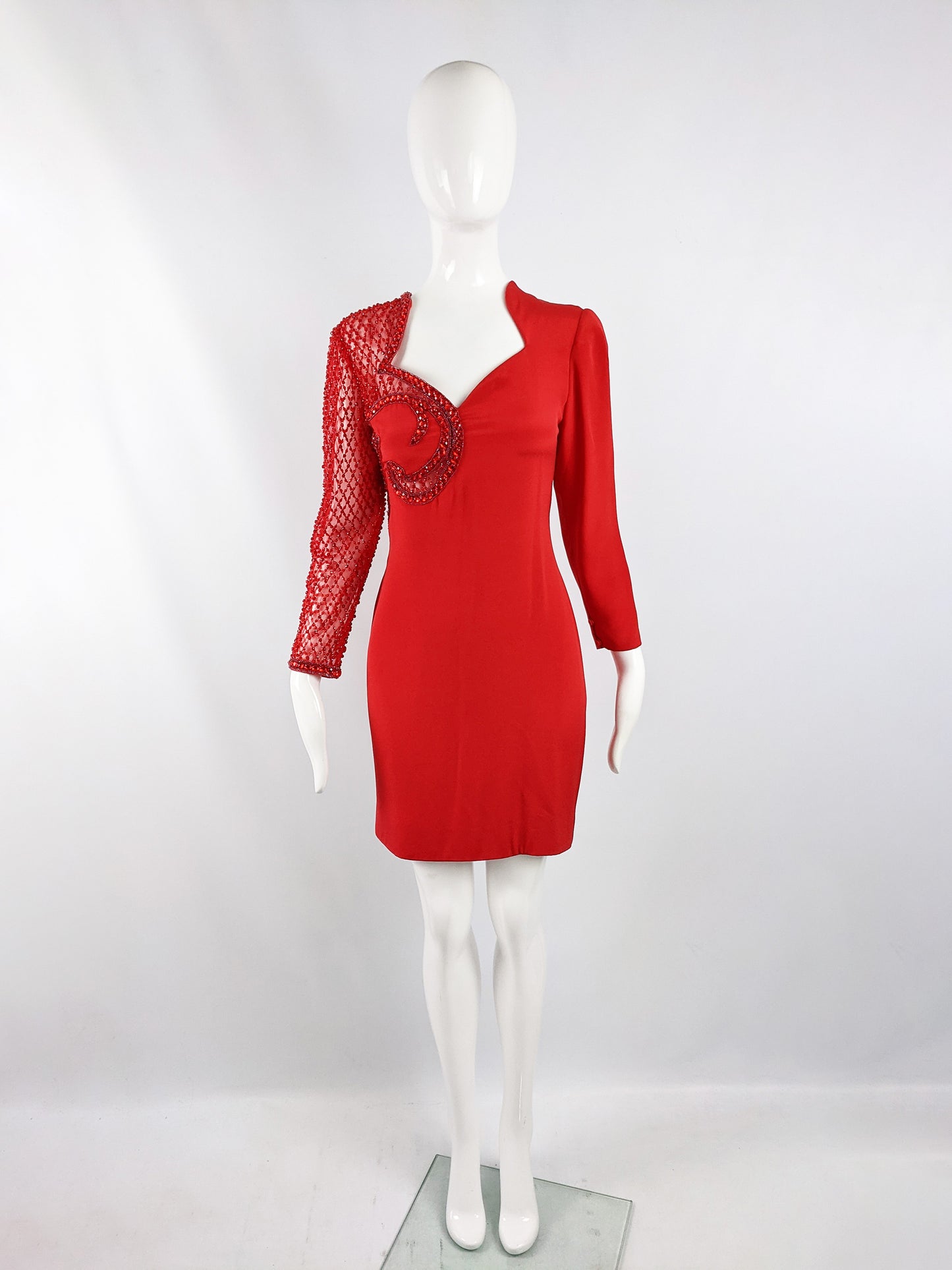 Vintage Red Italian Couture Sheer Beaded Sleeve Dress, 1980s