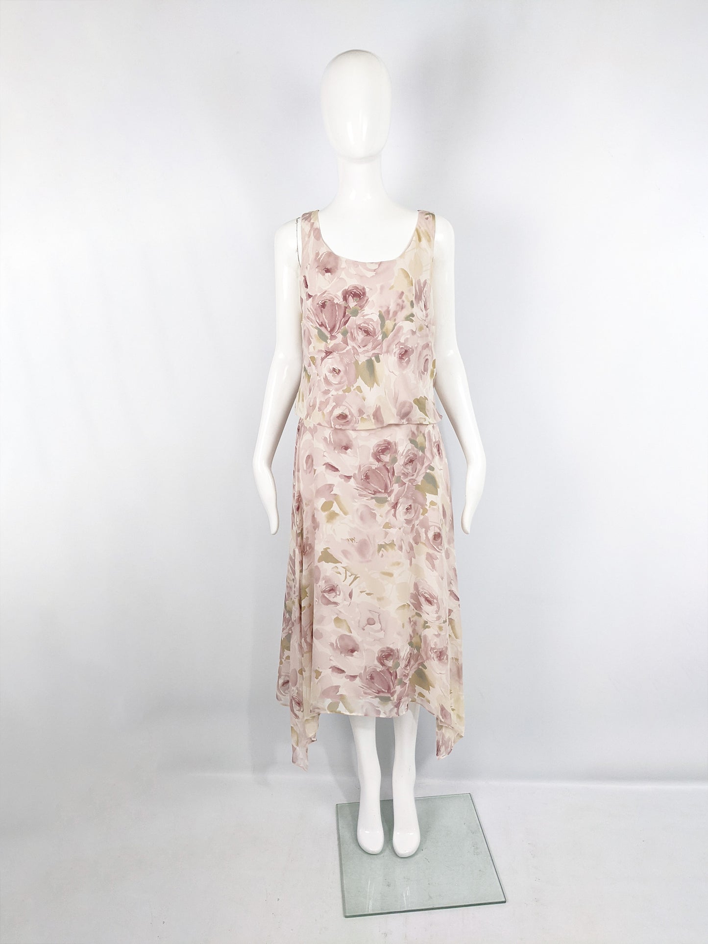 Vintage Pastel Sheer Floral Pure Silk Chiffon Blouson Dress, 1990s