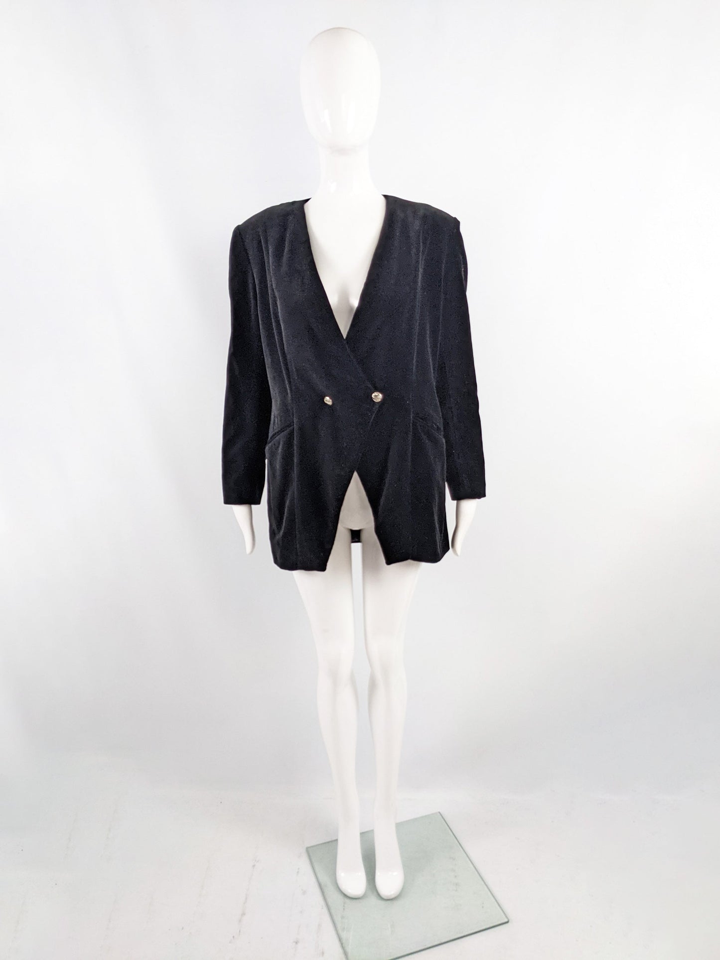 Atos Lombardini Vintage Black Velvet Shoulder Pads Jacket, 1980s
