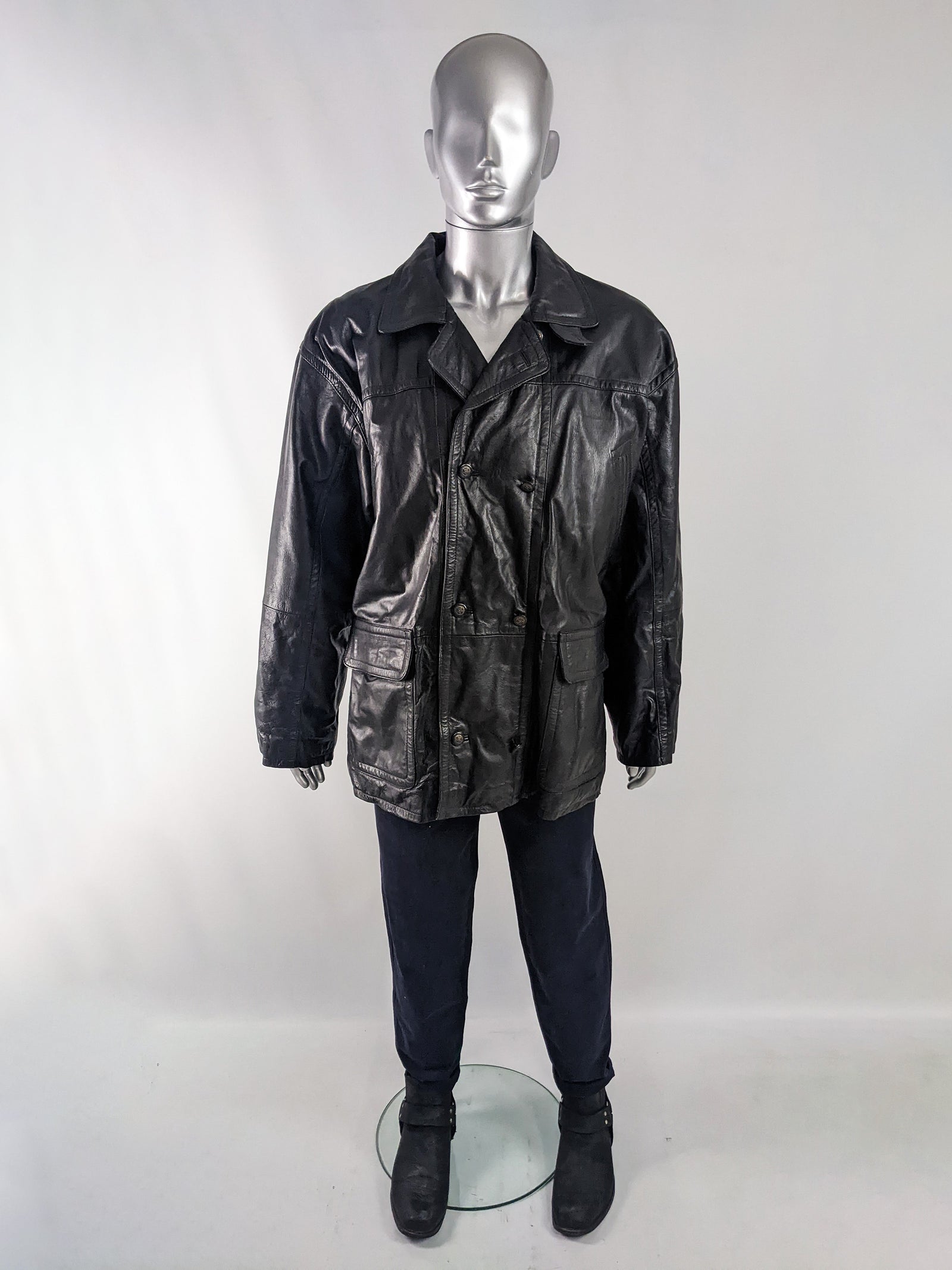 Gavin Brown Mens Vintage Black Leather Double Breasted Coat, 1980s