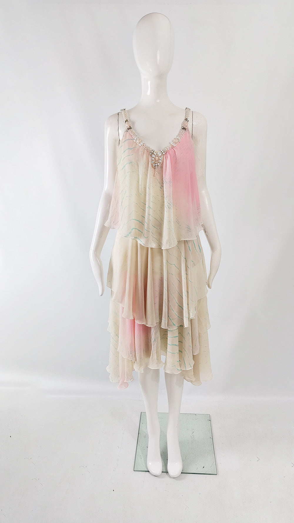 Iceberg Vintage Silk Chiffon Cream Tiered Dress, 2000s