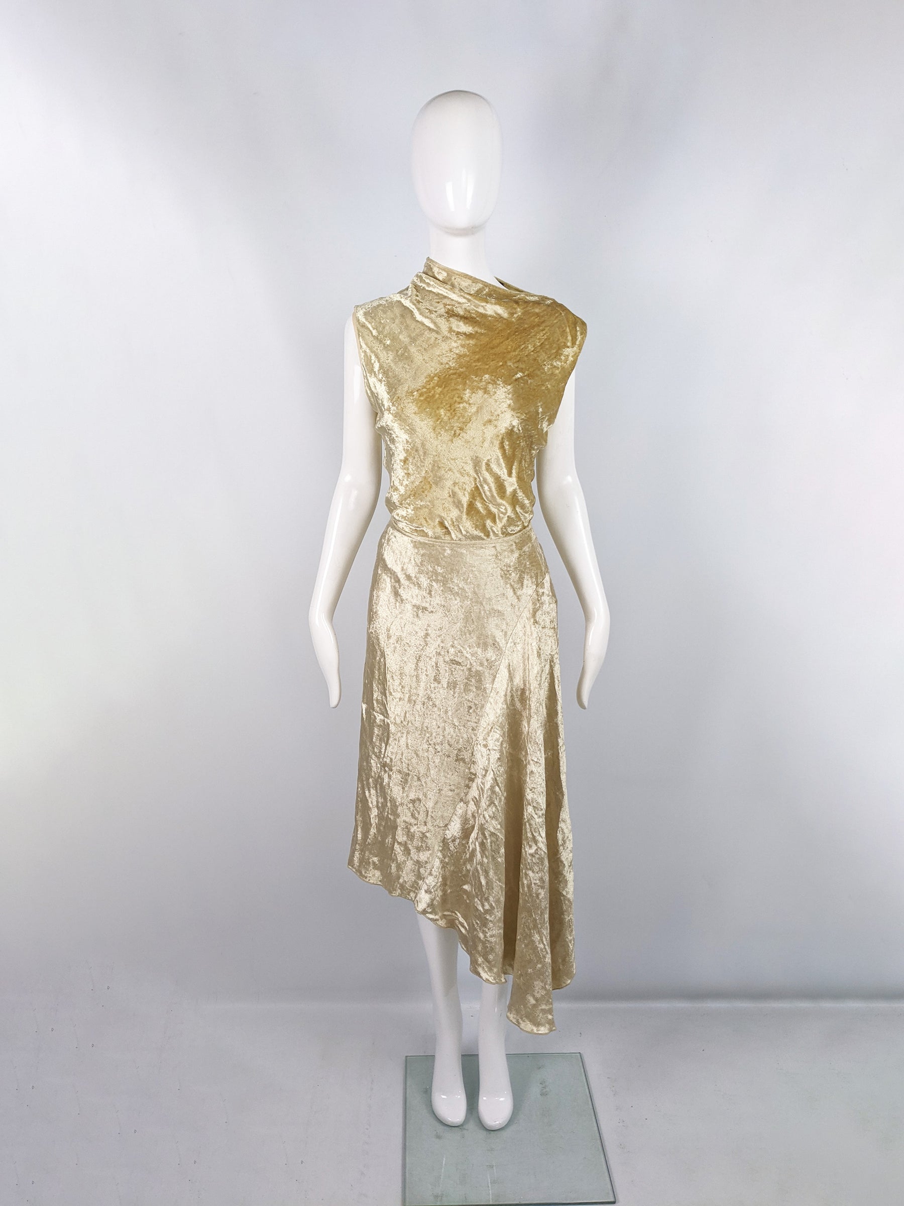 Vintage Gold Velvet Two Piece Asymmetric Top & Skirt Set, 1990s
