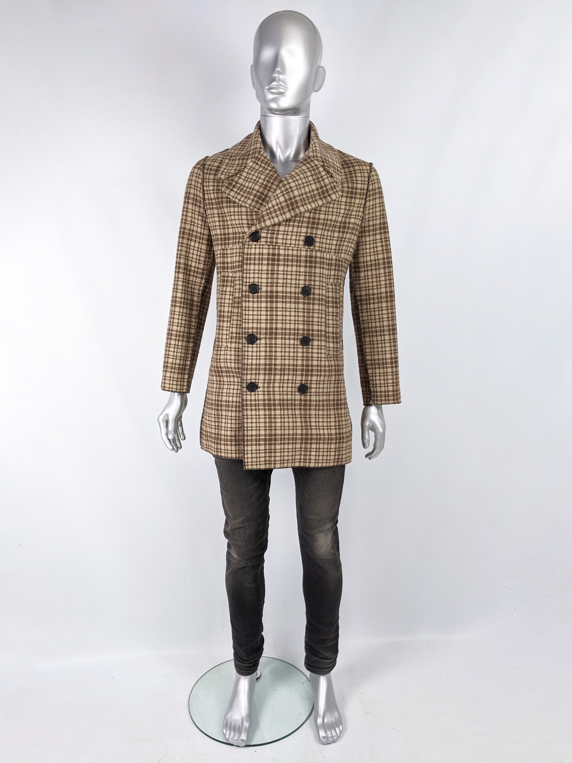 Jean Colonna Vintage Mens Brown Check Double Breasted Pea Coat