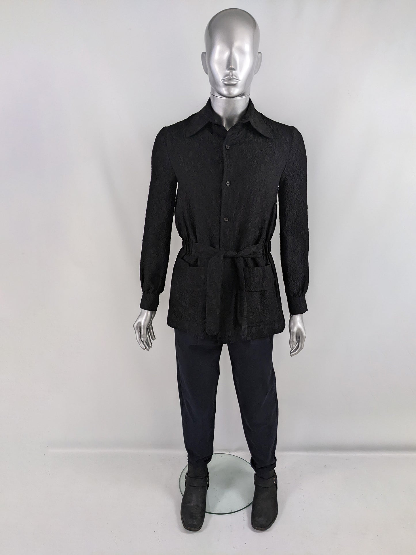 Hardy Amies Vintage Mens Black Cloqué Mod Belted Shirt, 1960s