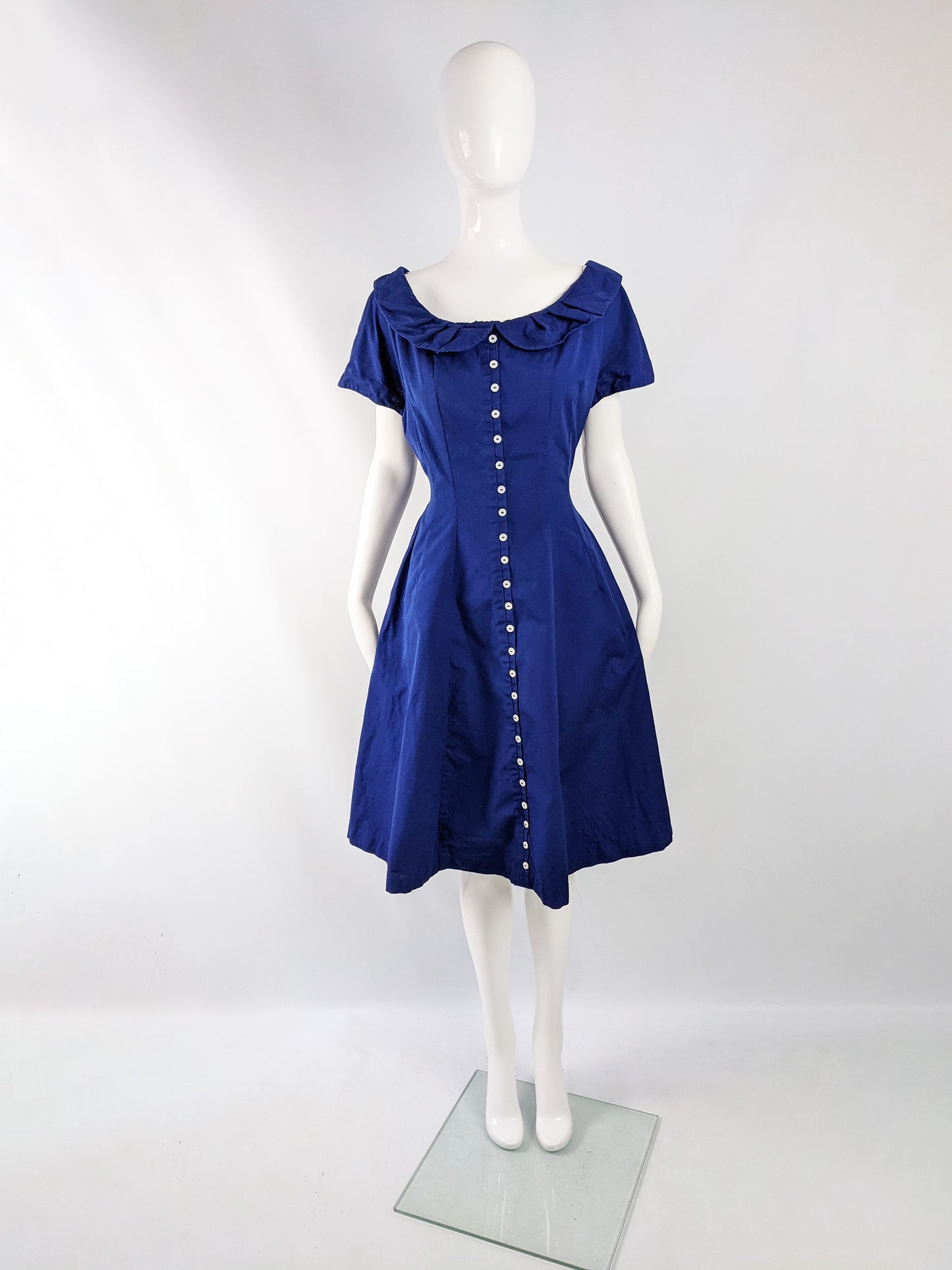 Vintage Dark Blue Short Sleeve Fit & Flare Dress, 1950s