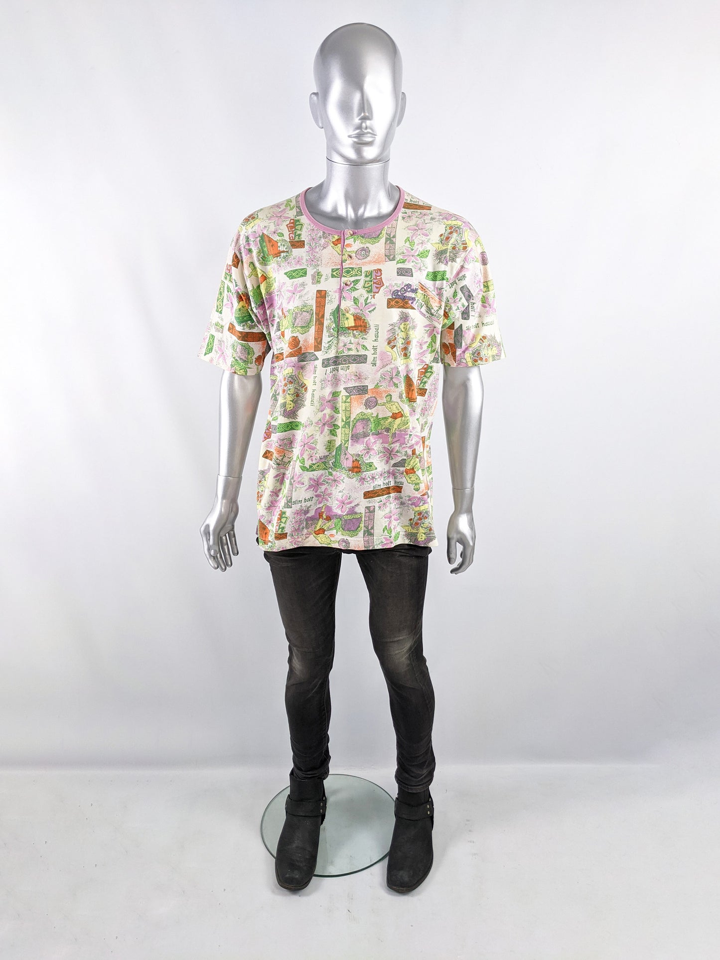 Vintage Mens Hawaiian Print Italian Henley T-Shirt, 1980s