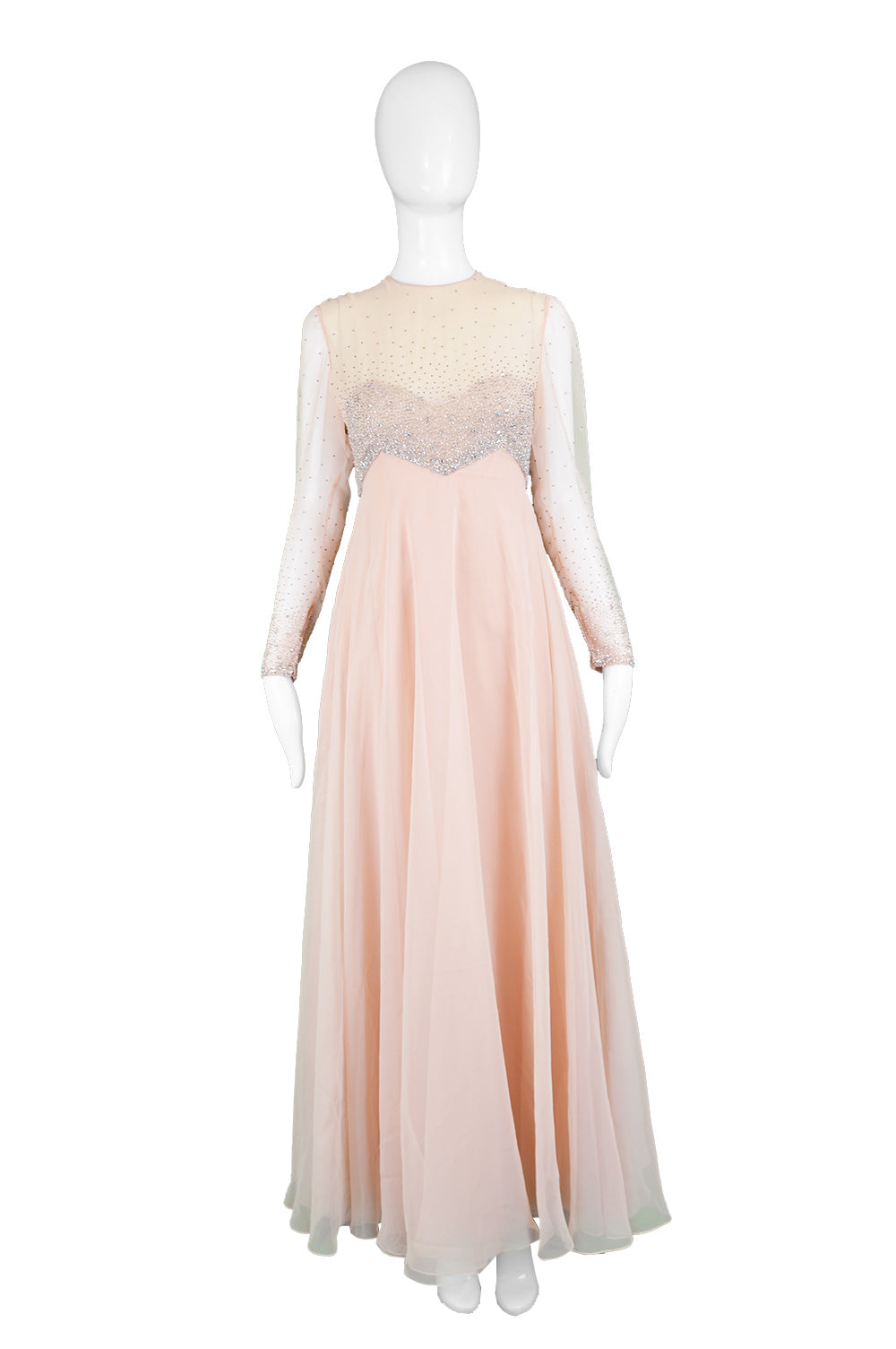 Peach Vintage Chiffon Beaded Evening Gown, 1960s