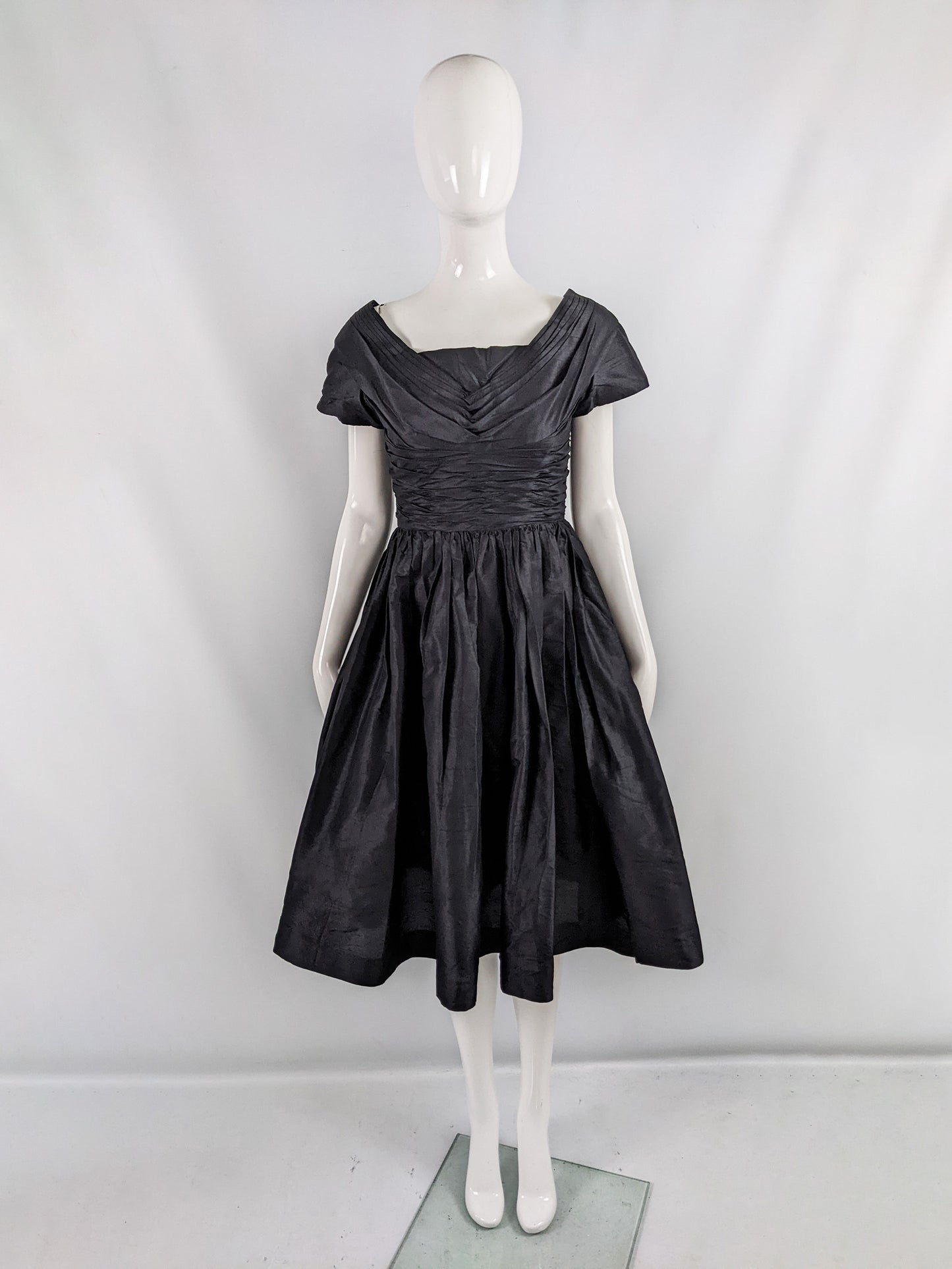 Koupy Model Couture Vintage 50s Black Silk Taffeta Dress, 1950s