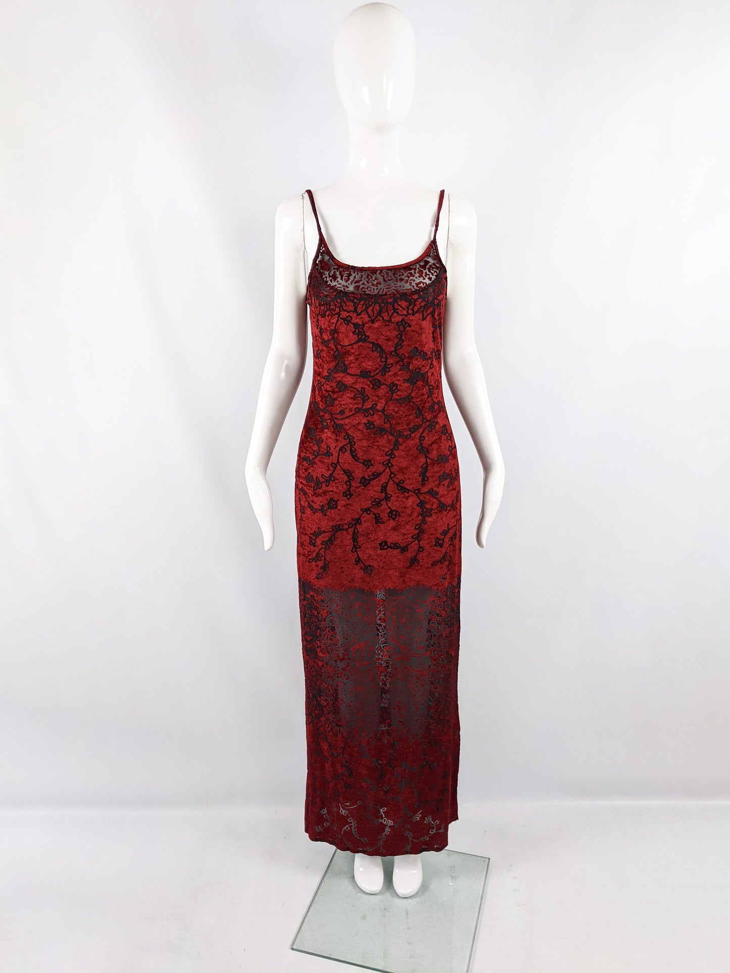 Vintage Red Burnout Velvet Devoré Maxi Dress, 1990s