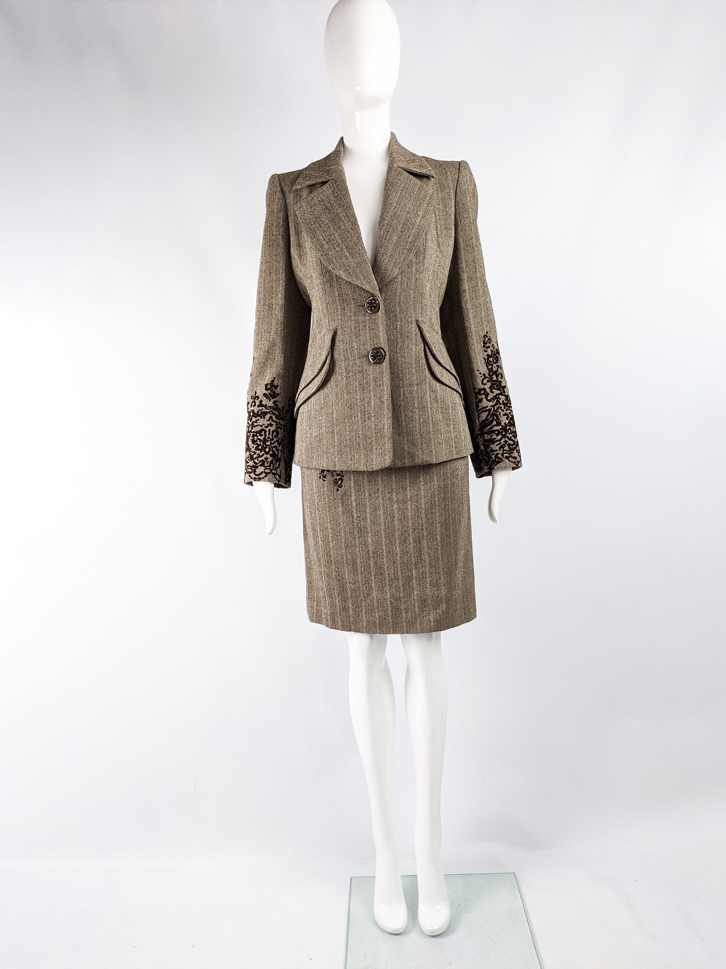 Vintage Womens Tweed & Flocked Velvet Skirt Suit, 1990s
