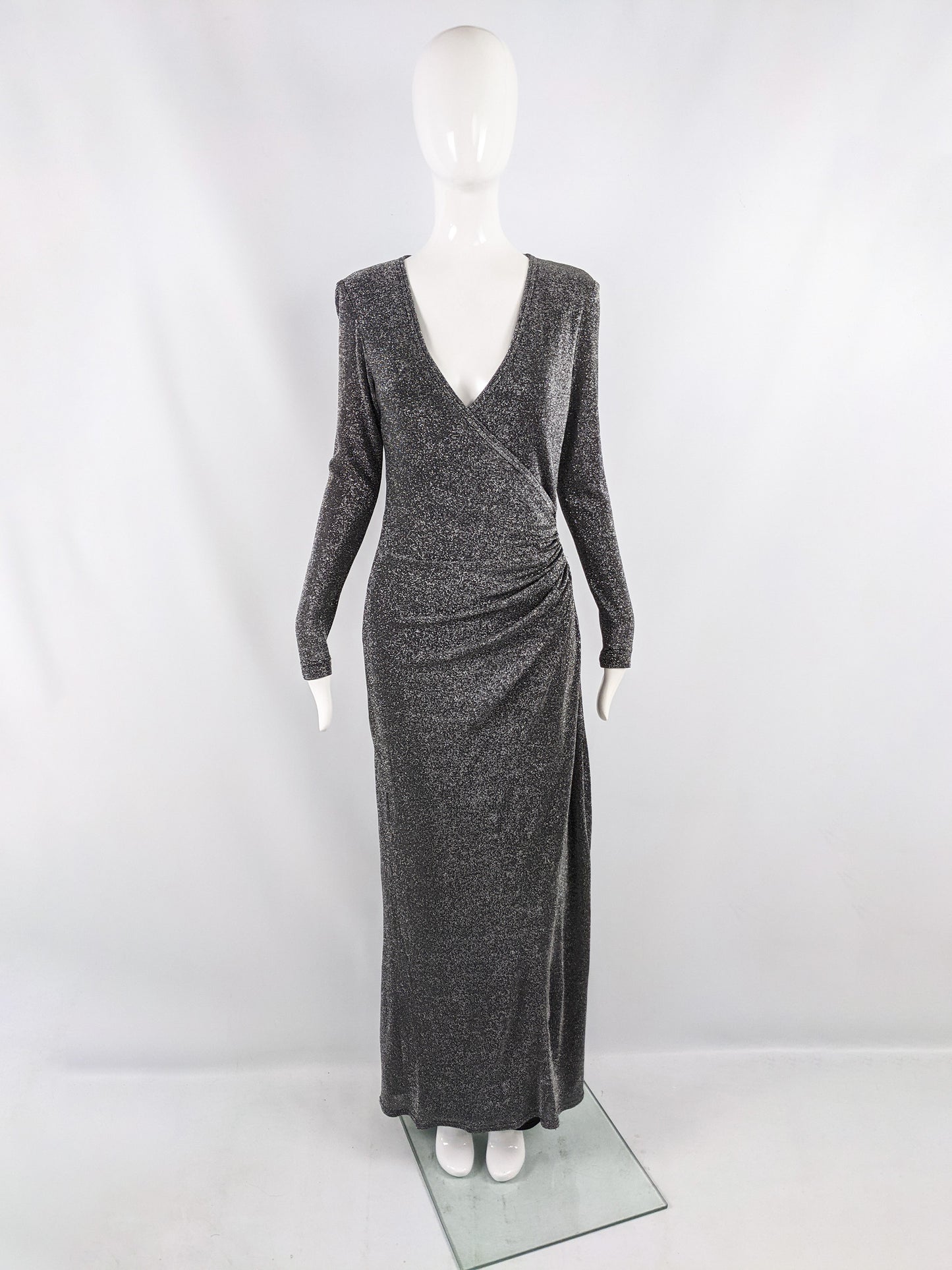 Vintage Silver Lurex Plunging Neckline Evening Gown, 1990s