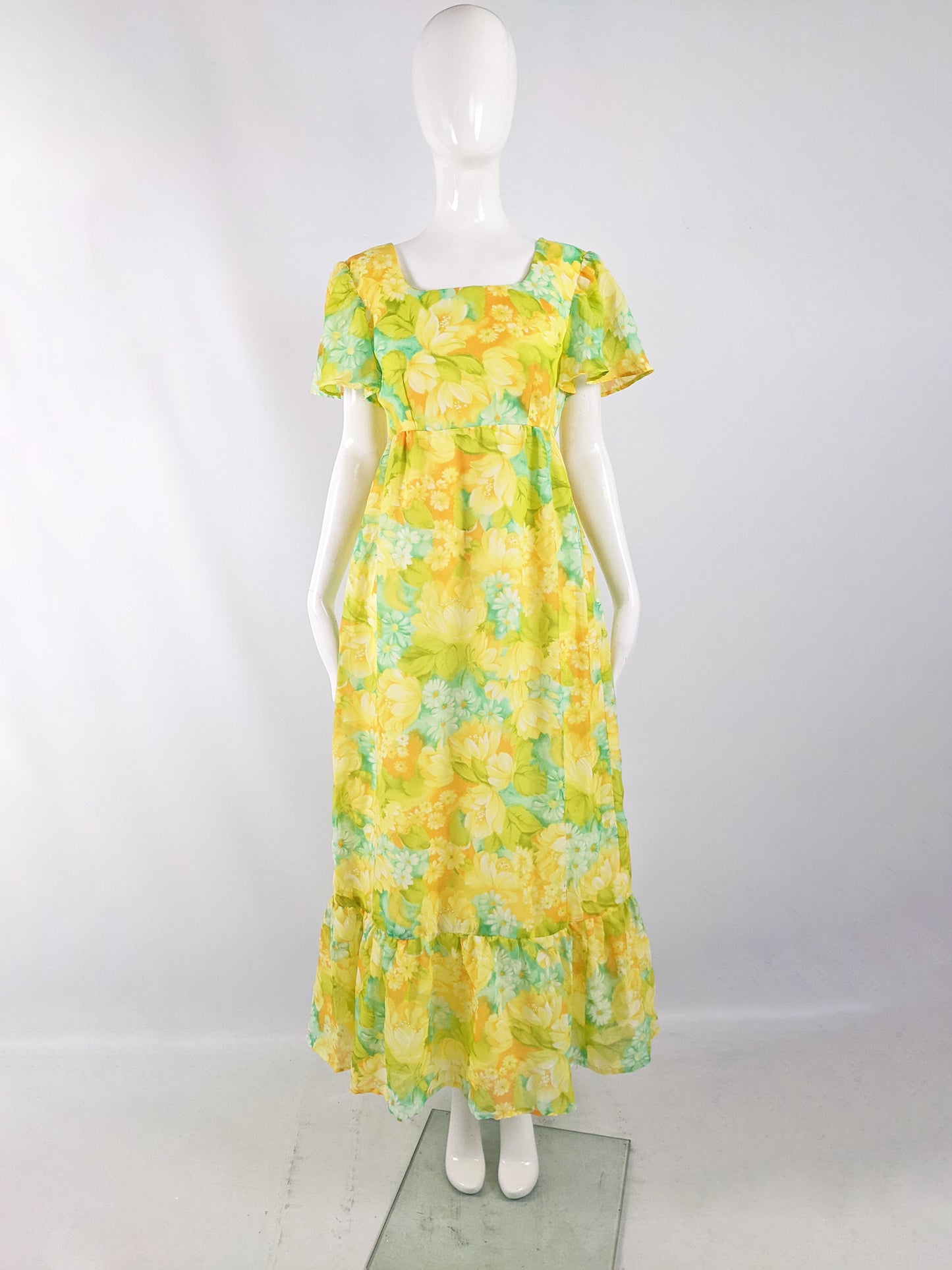 Vintage Yellow & Green Maxi Empire Line Dress, 1970s