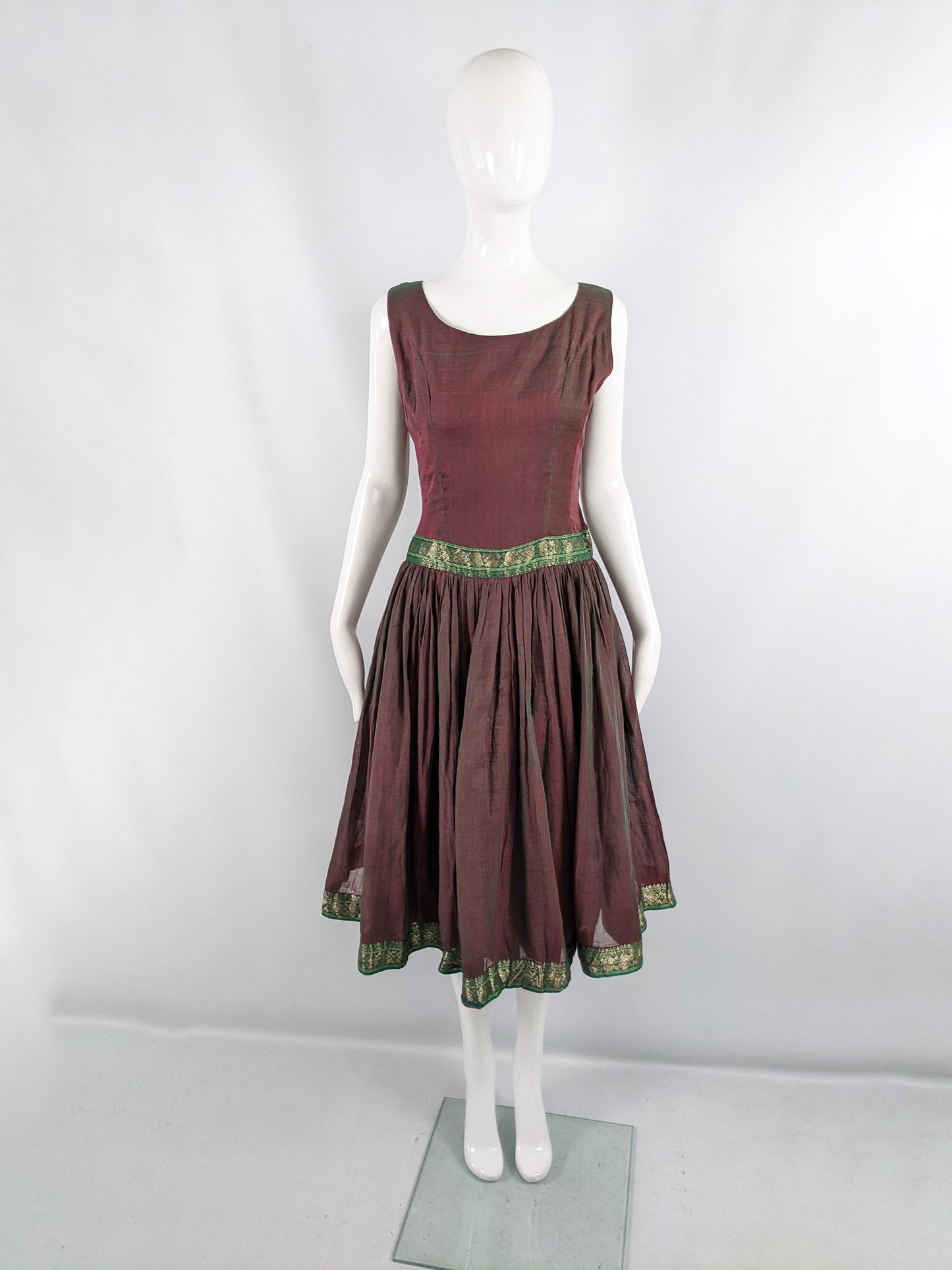 Vintage 1950s Asian Iridescent Brocade Trim Dress