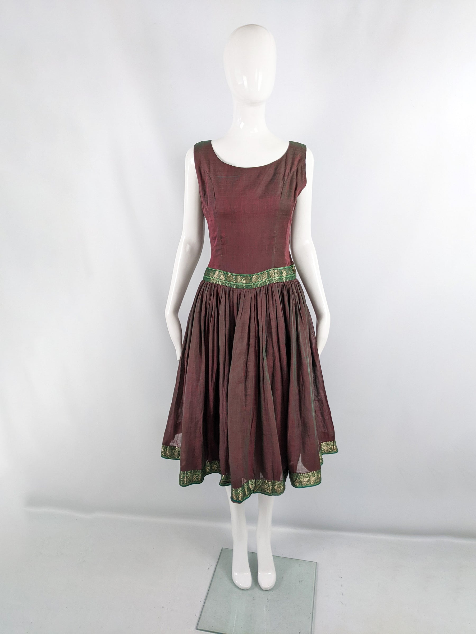 Vintage 1950s Asian Iridescent Brocade Trim Dress