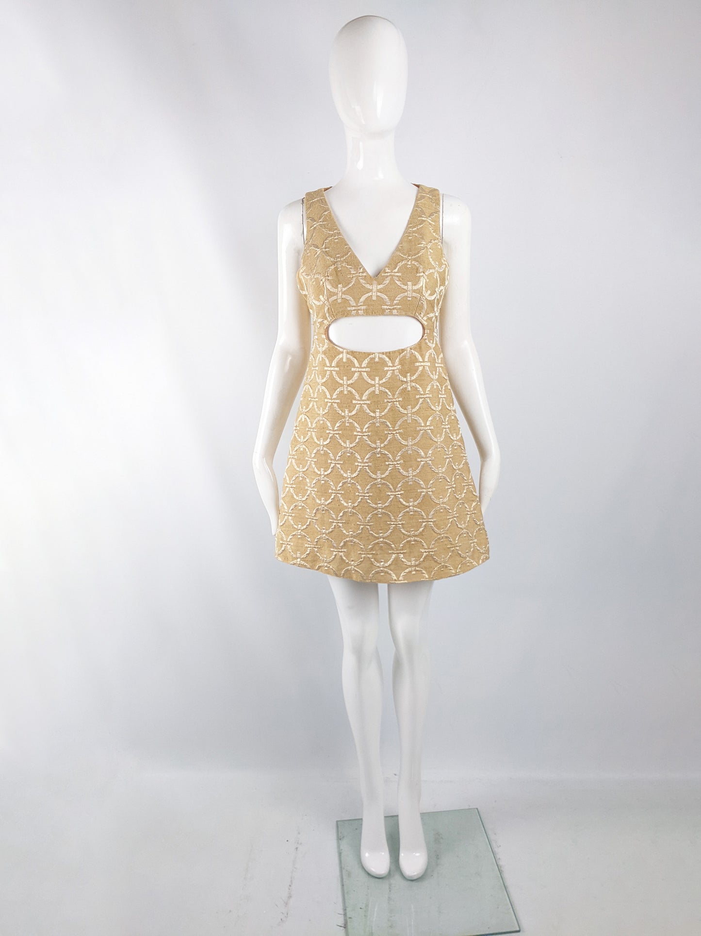 Peter Collins Vintage Gold Brocade Space Age Cut Out Dress, 1960s