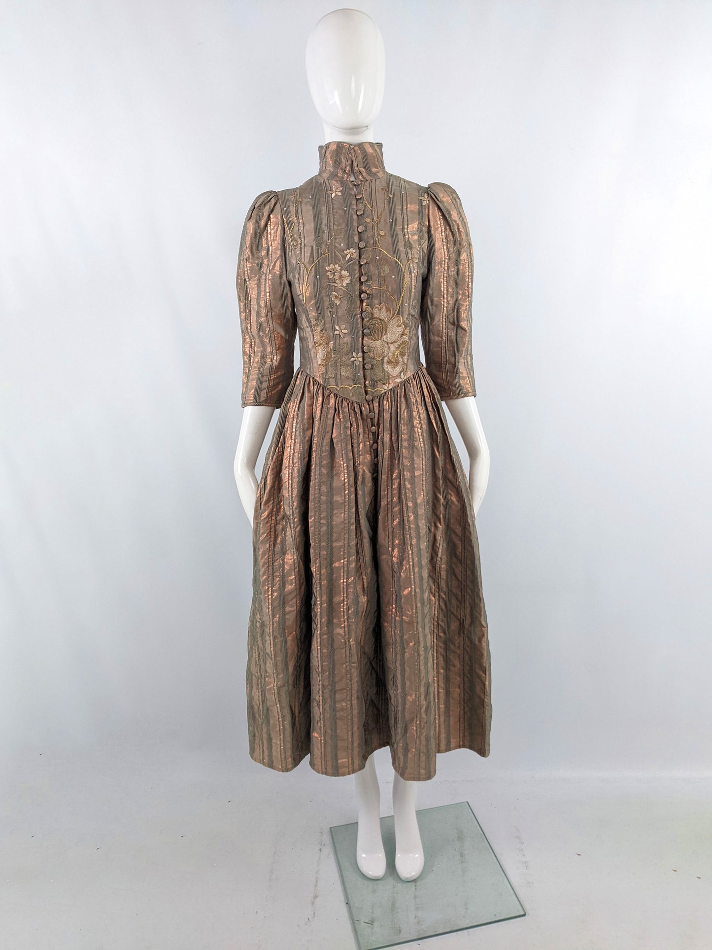 Caroline Charles Vintage Pale Metallic Bronze Embroidered Dress, 1980s