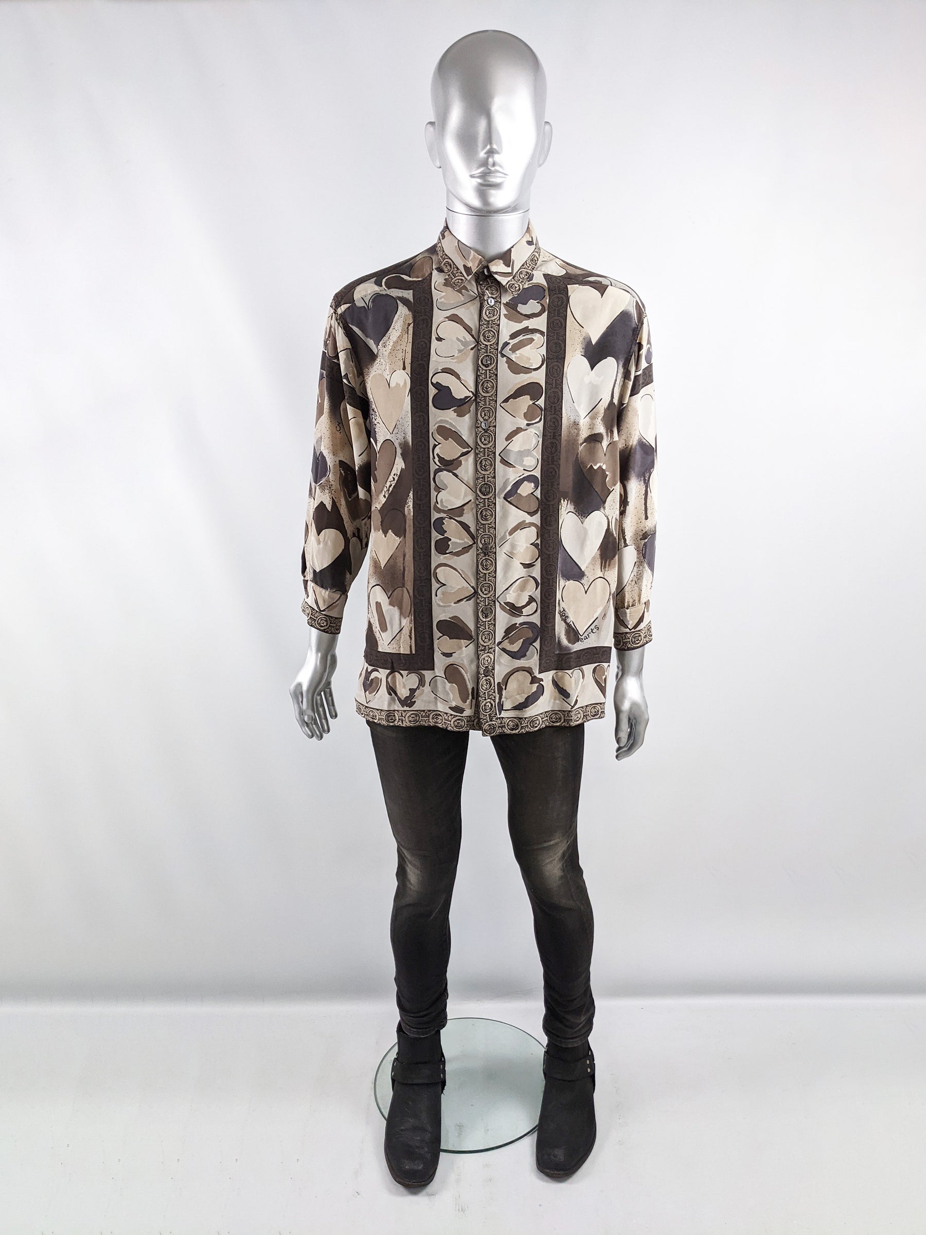 Joseph Mens Vintage Love Heart Print Pure Silk Shirt, 1980s