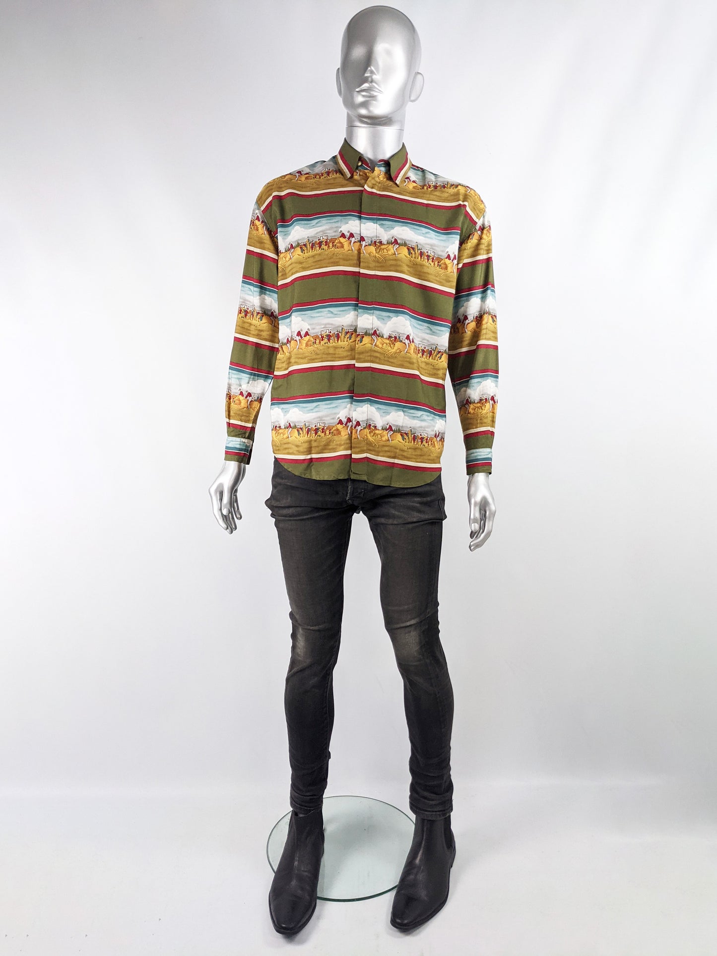Mens Vintage Horse Racing Print Modal Shirt, 1980s