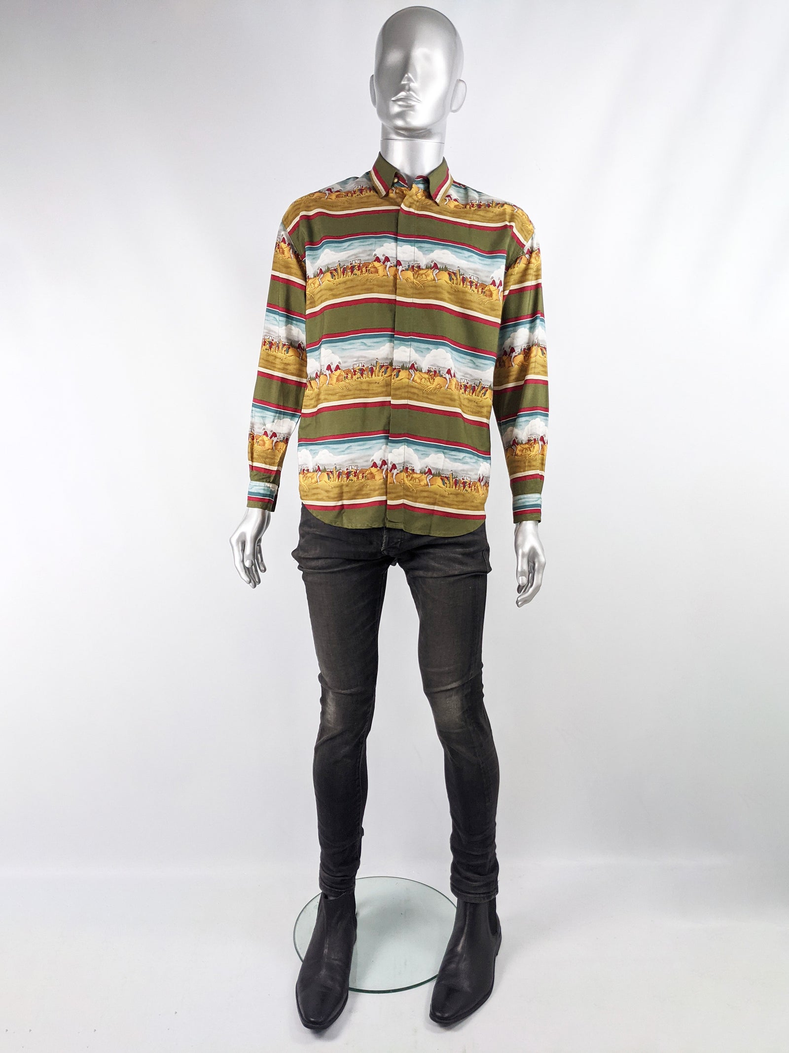 Mens Vintage Horse Racing Print Modal Shirt, 1980s