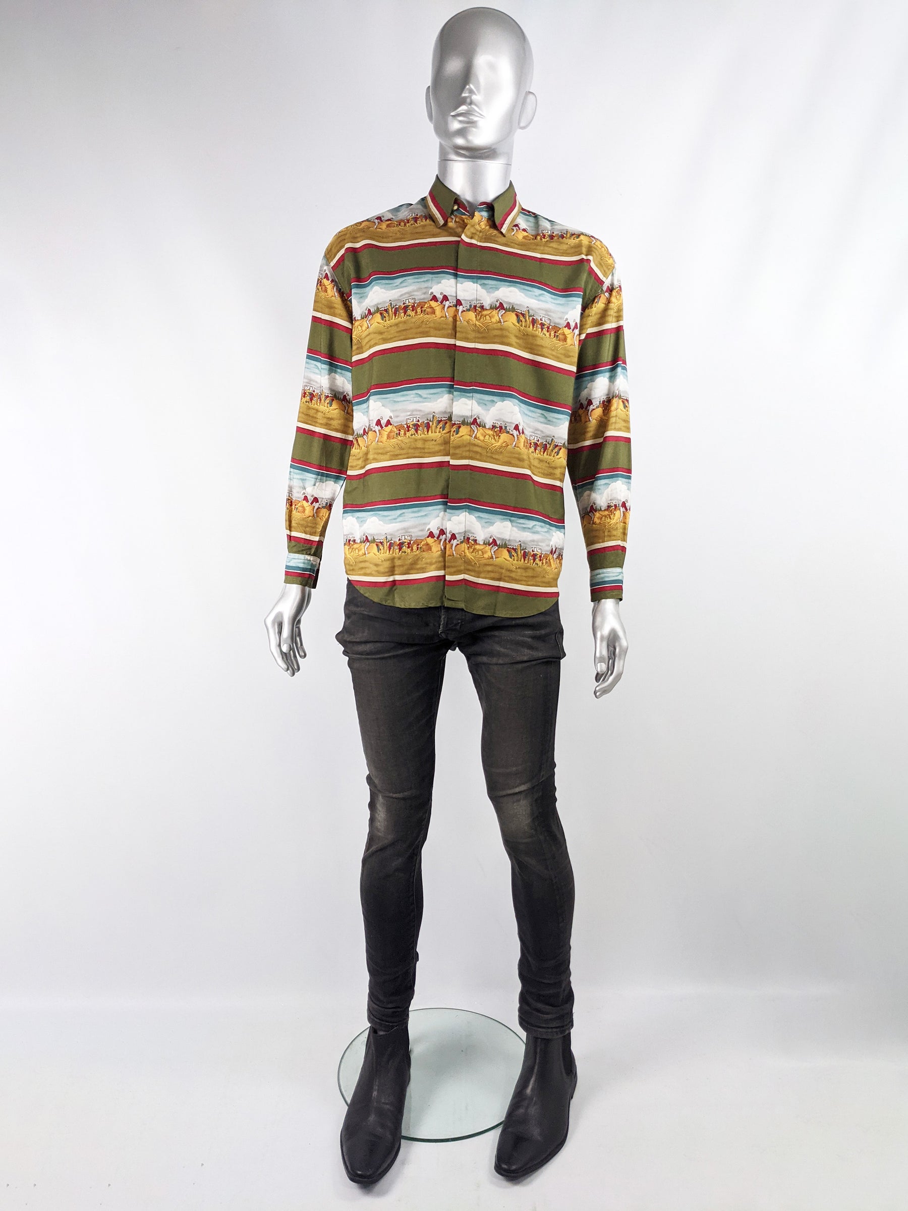 Mens Vintage Horse Racing Print Modal Shirt, 1980s