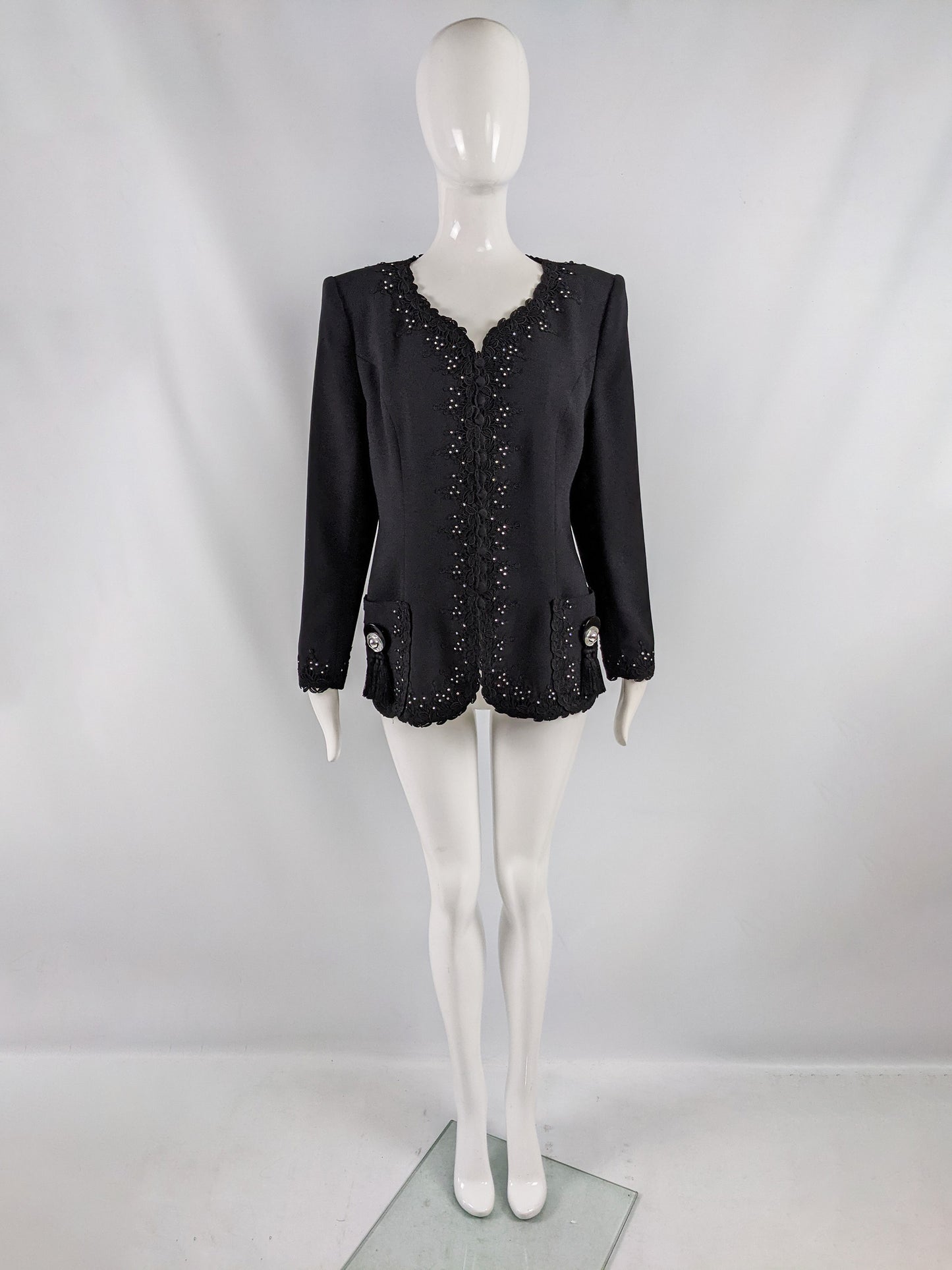 Helen Anderson Vintage Womens Fringed Lace Trim Crepe Jacket, 1980s