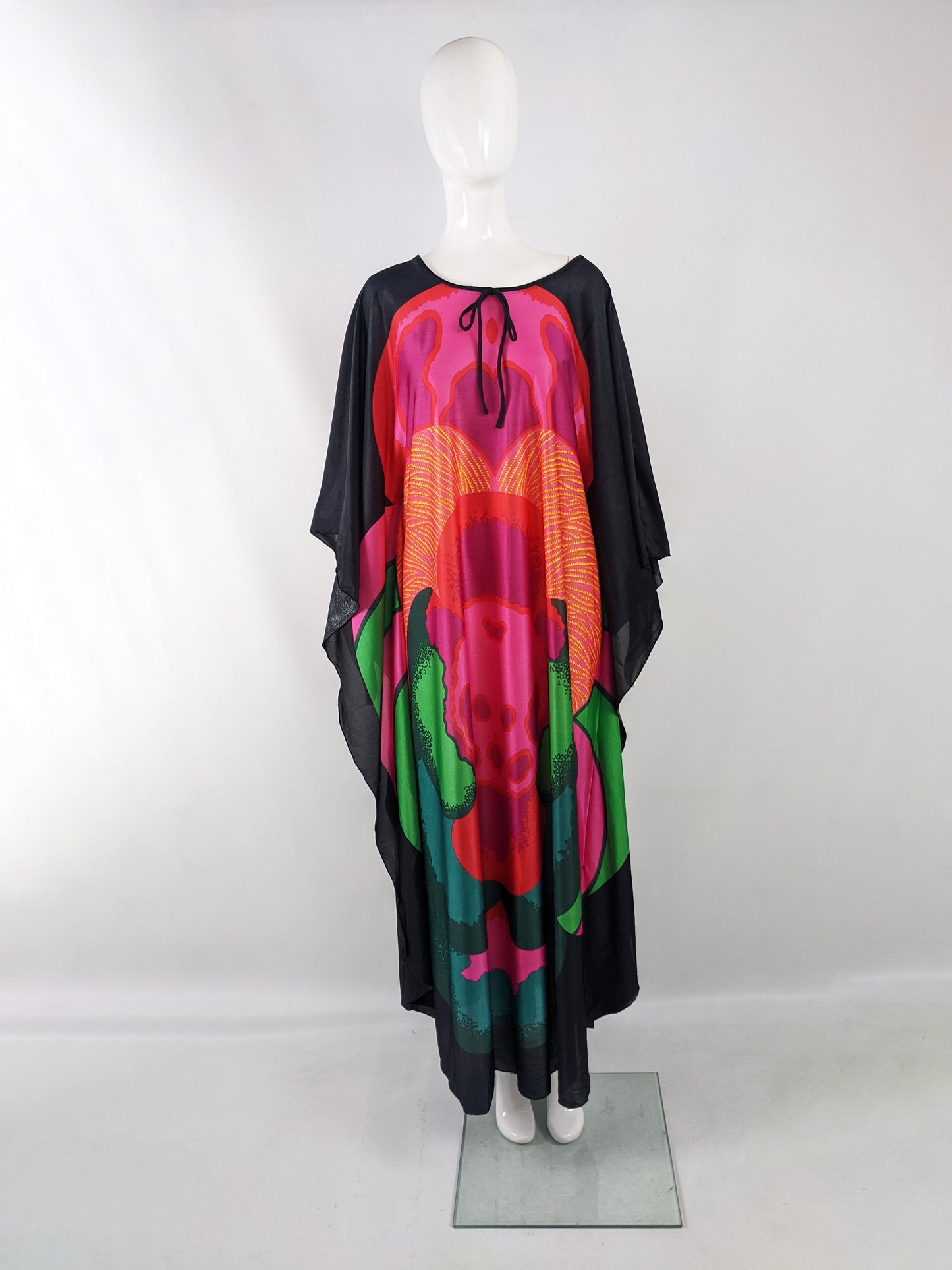 Clive Byrne Vintage Black Floral Kaftan Dress, 1970s