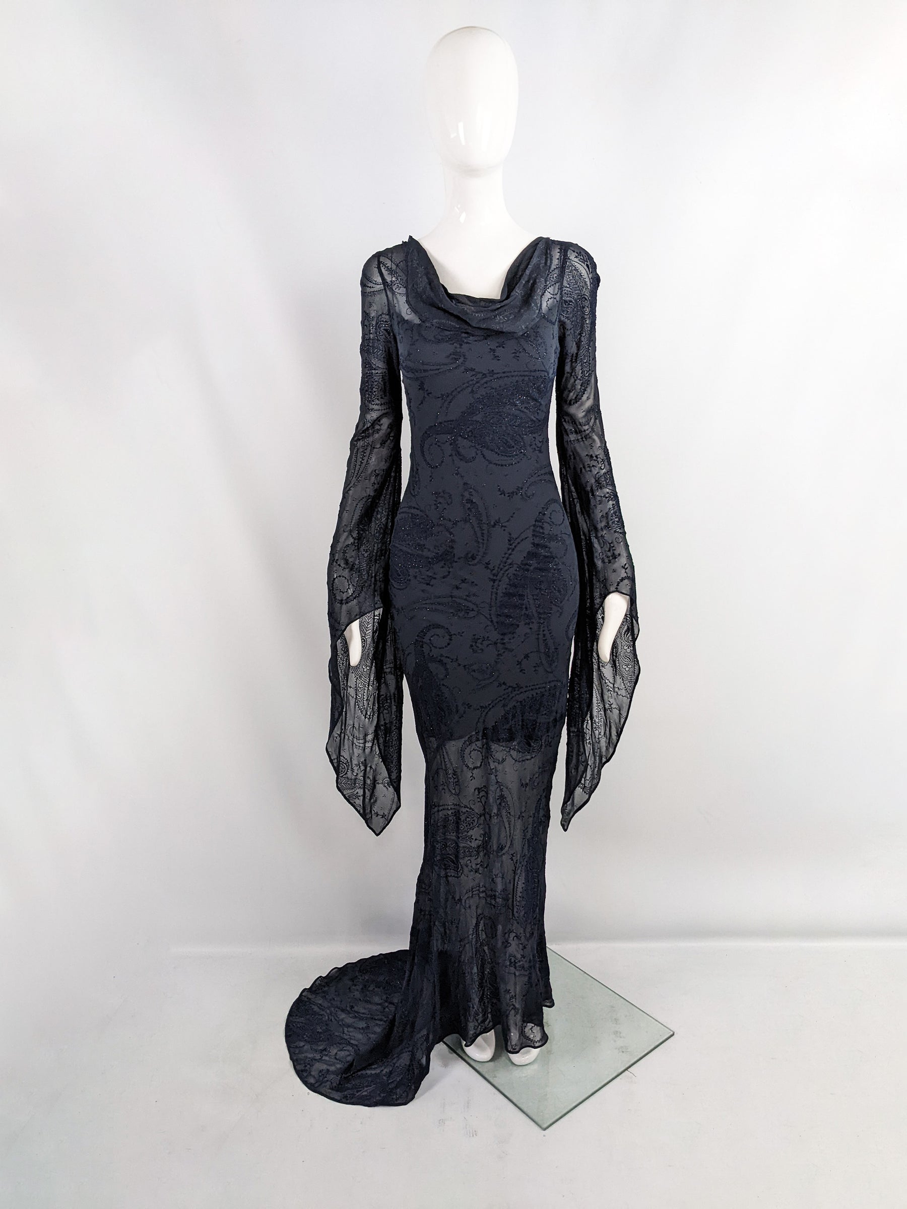 Ronit Zilkha Vintage Midnight Blue Silk Devore Witchy Dress, 2000s
