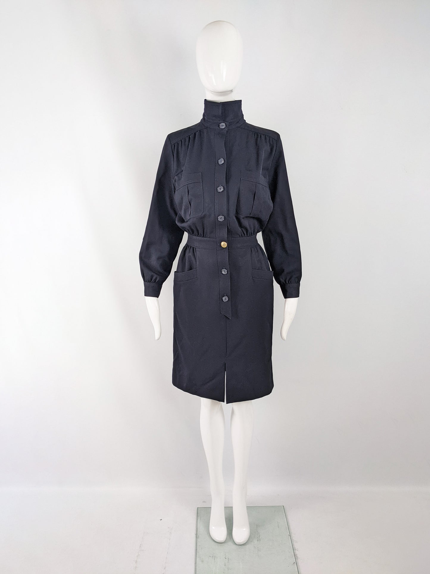 Vintage Navy Blue Blouson Wool Gabardine Dress, 1980s