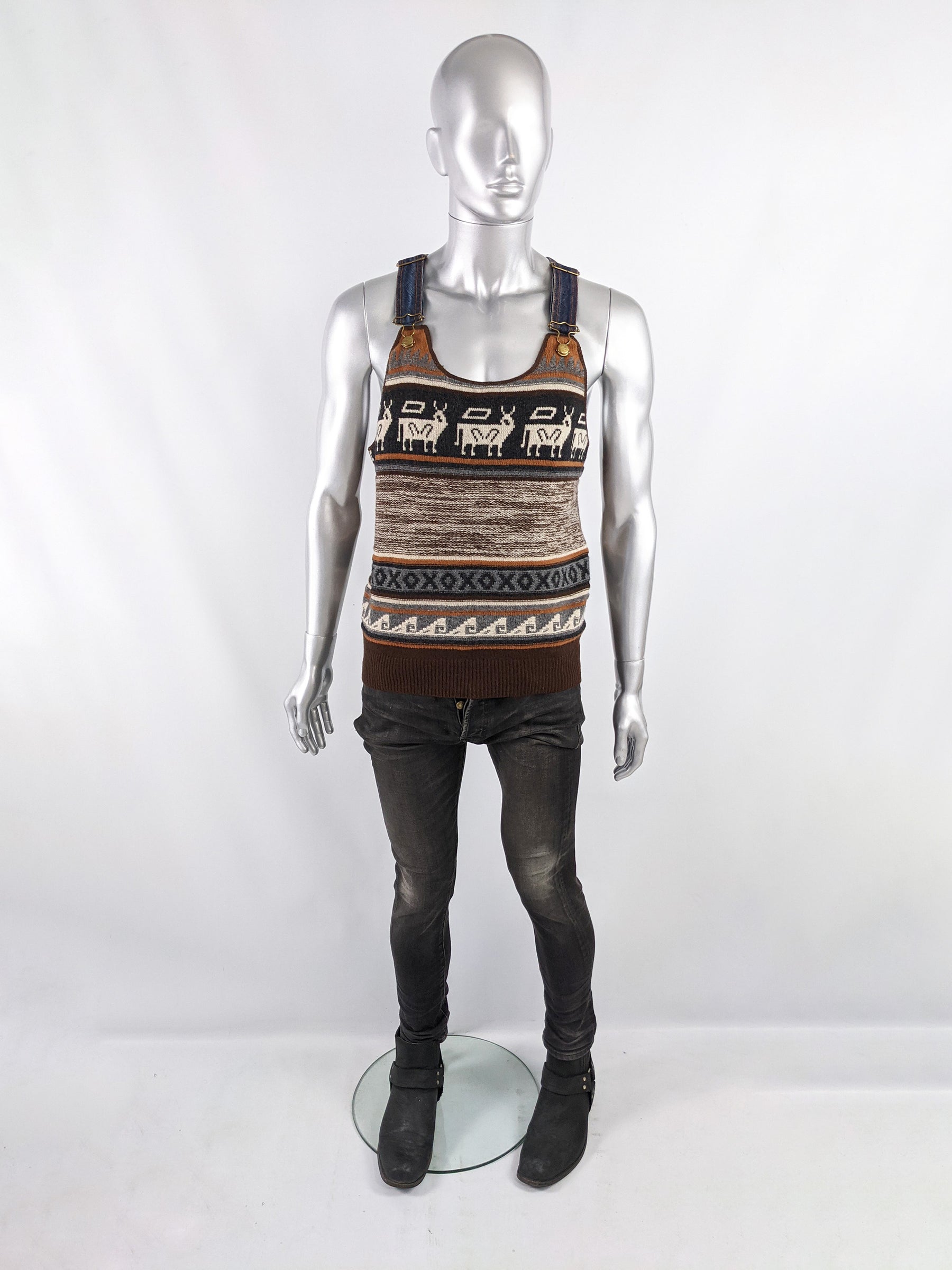 Mens Vintage Knit Sweater & Denim Dungaree Top, 1990s