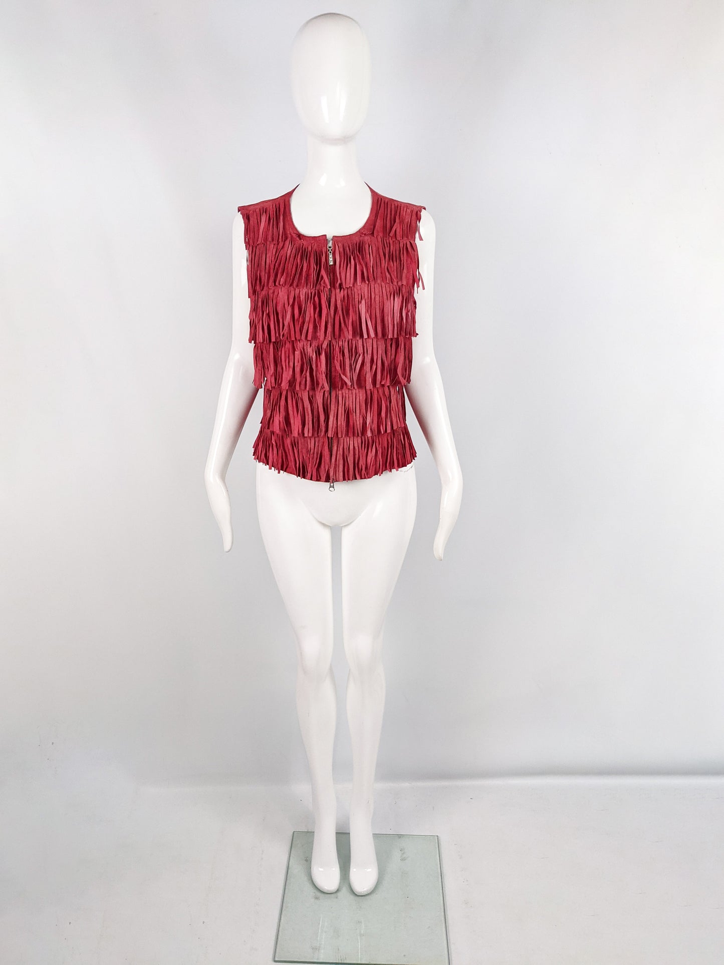 Berek Vintage Red Suede Fringed Sleeveless Jacket, 1990s