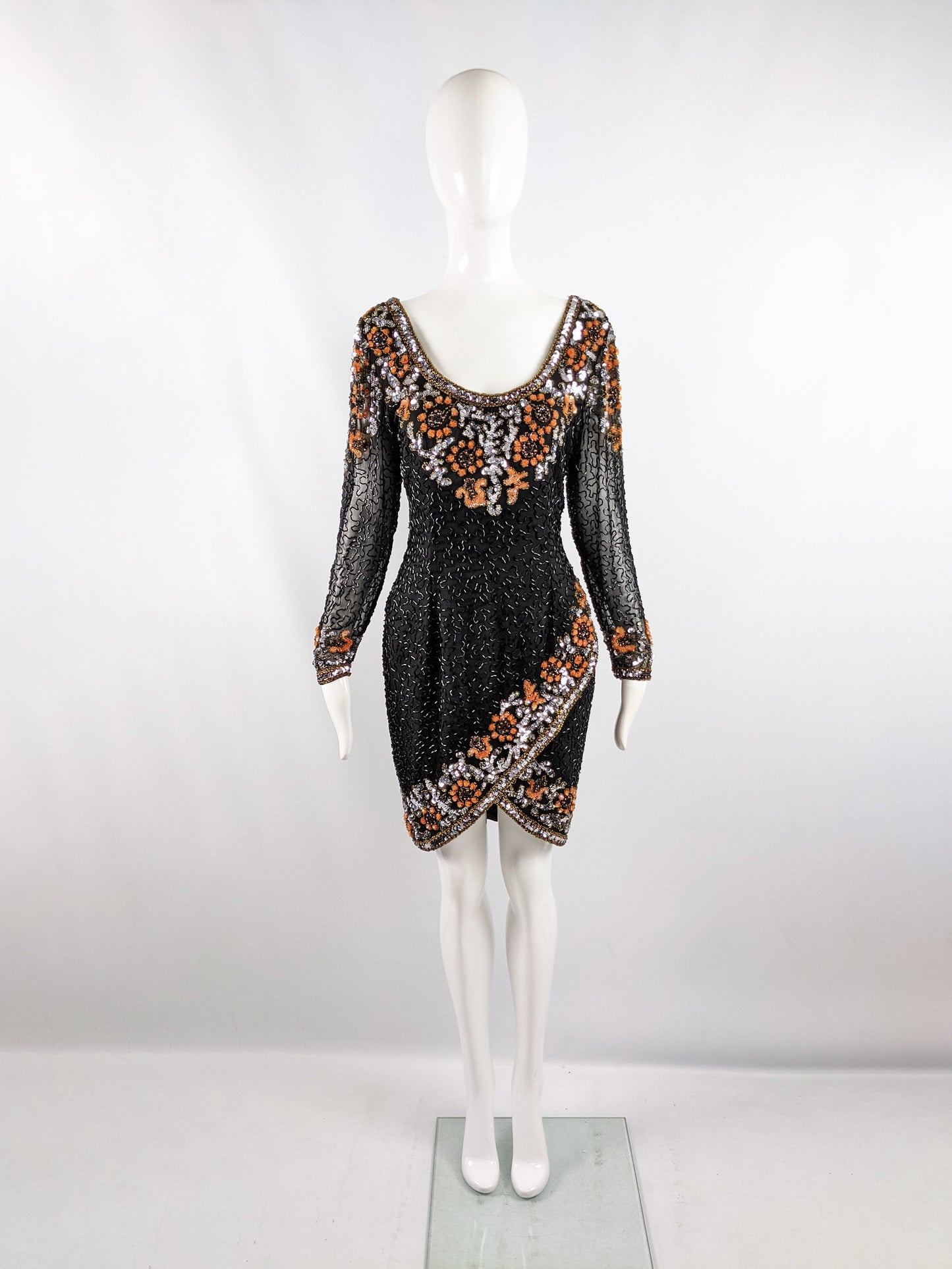 Oleg Cassini Vintage Black & Orange Beaded Sequin Dress, 1980s