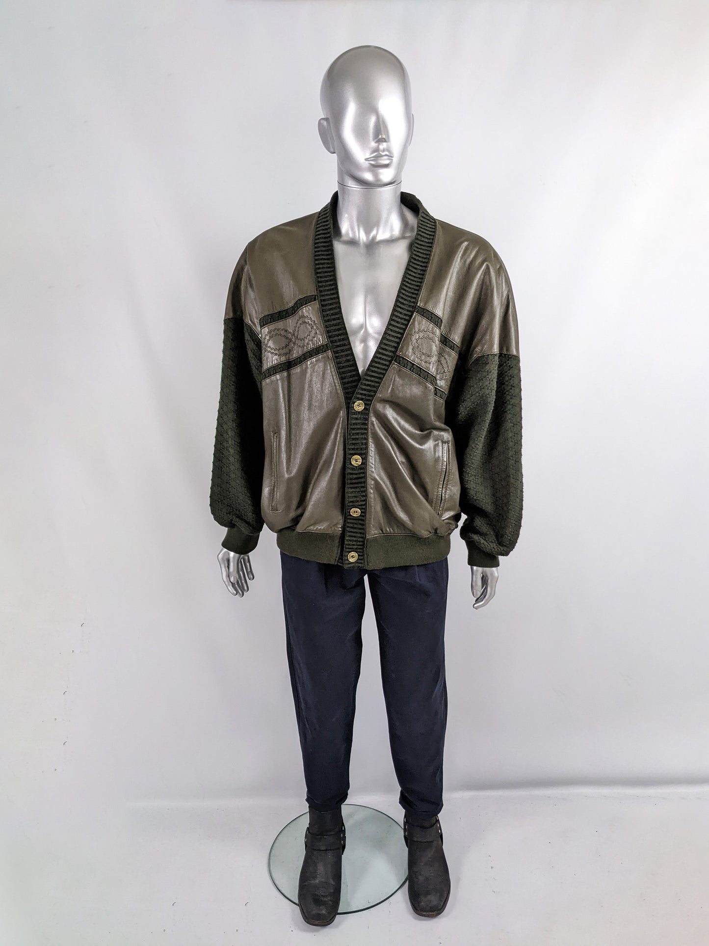 Vintage Mens Green Knit & Leather Cardigan Jacket, 1980s