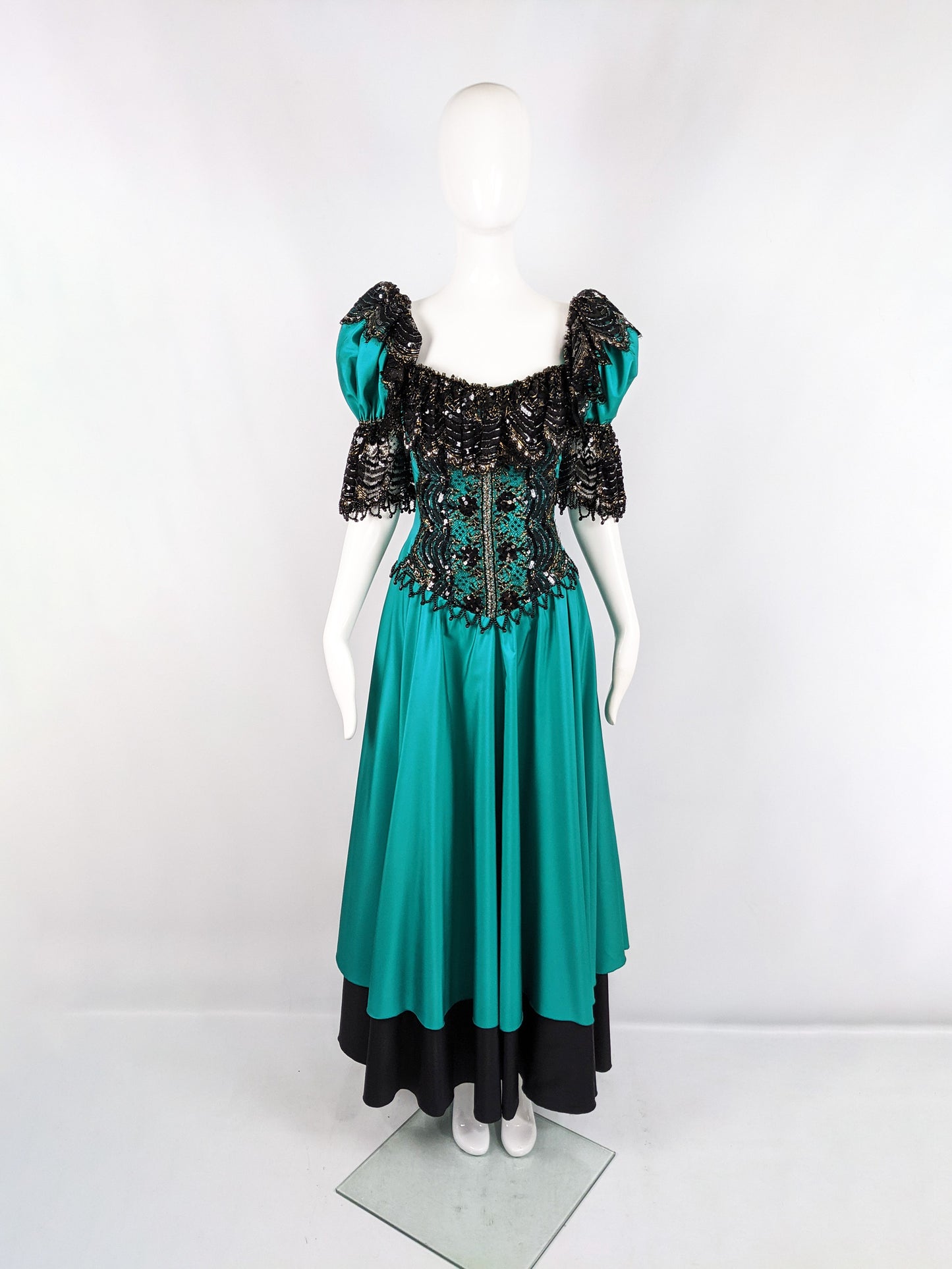 Vintage Taffeta & Black Lace Victorian Style Evening Dress, 1980s