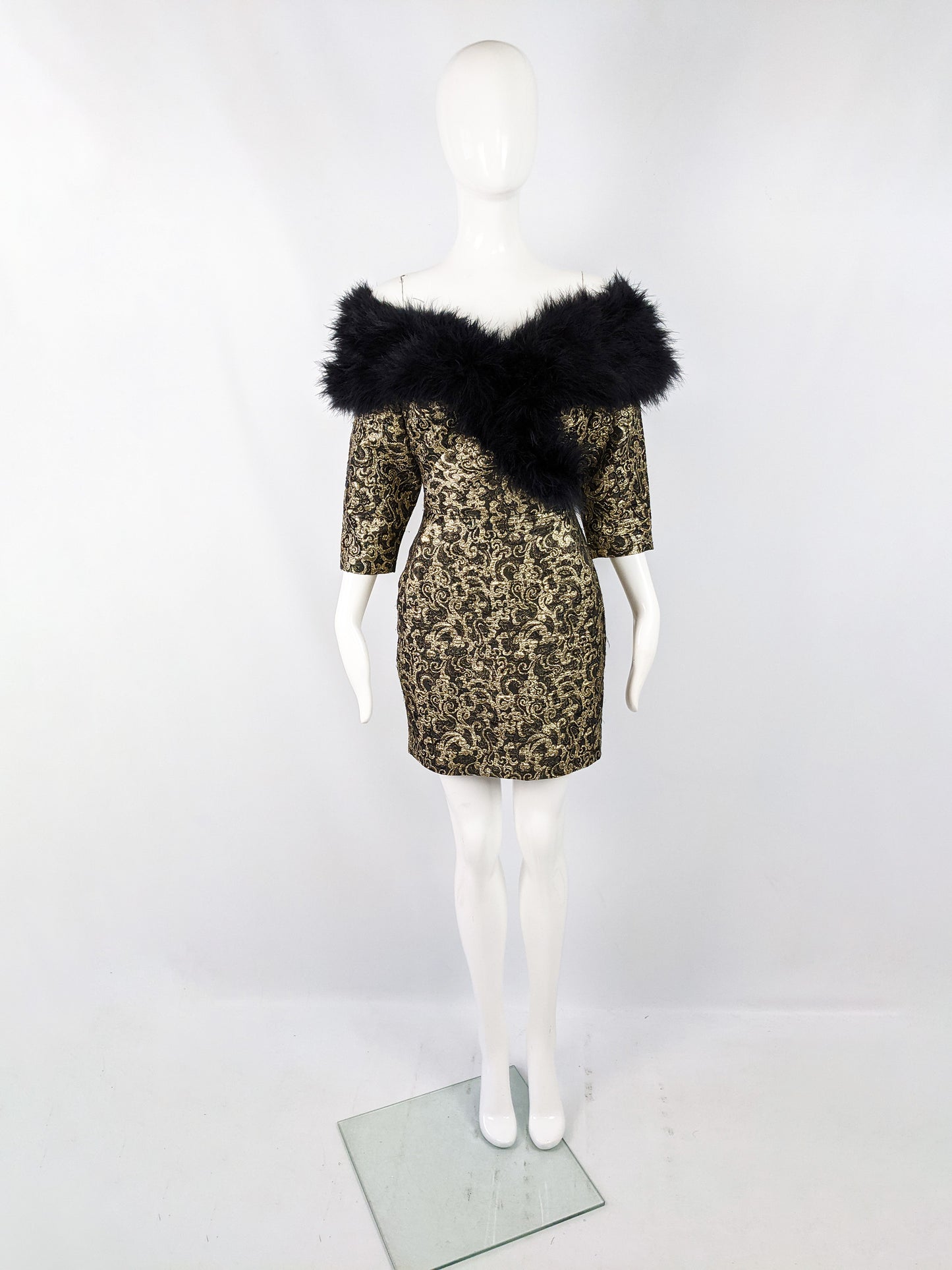 Vintage Gold Brocade Feather Trim Wiggle Party Dress, 1980s