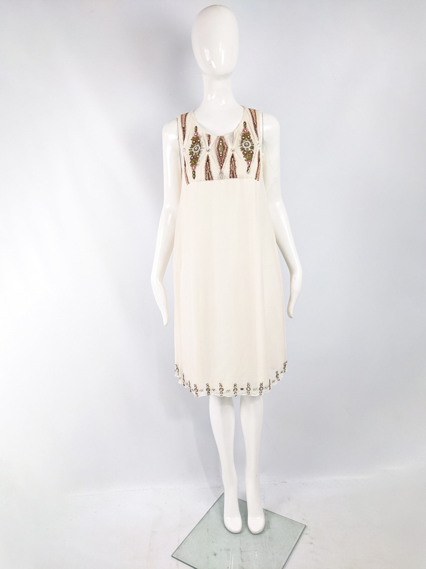 Preowned Beaded Off White Silk Chiffon Evening Dress, 2000s
