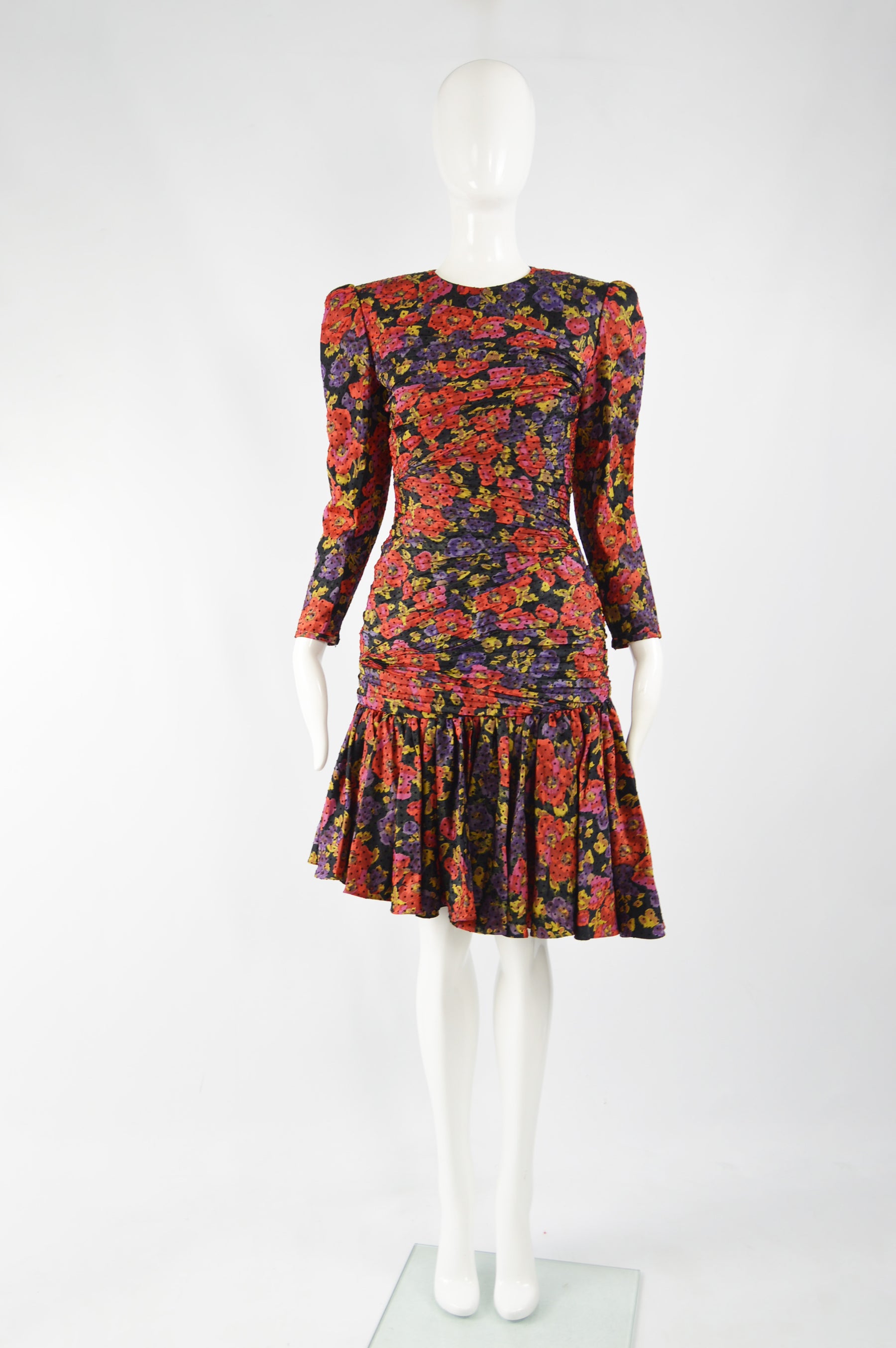 Vintage Ruched Silk Floral Evening Dress, 1980s