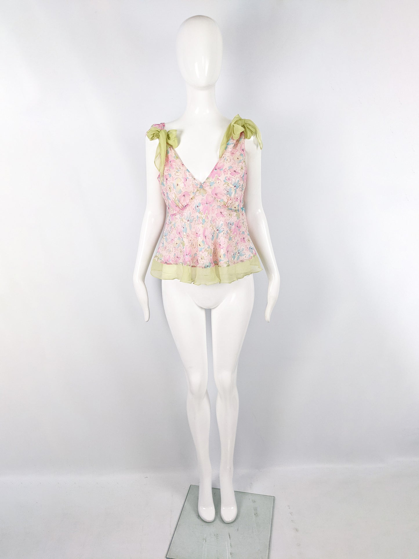 Womens Vintage Pastel Pink & Green Bow Blouse, 2000s
