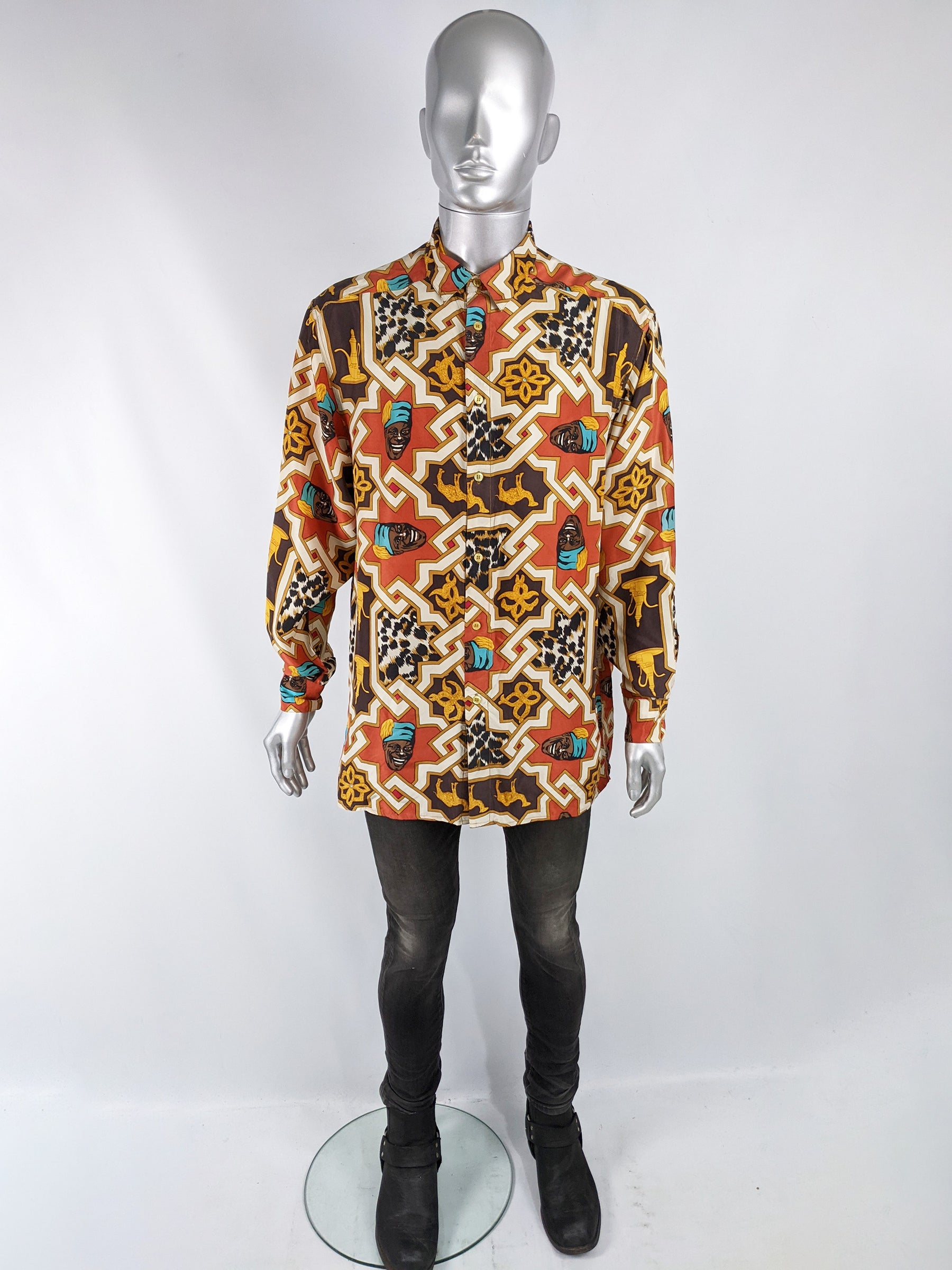 Mens Vintage Pure Silk Moorish Print Shirt, 1980s