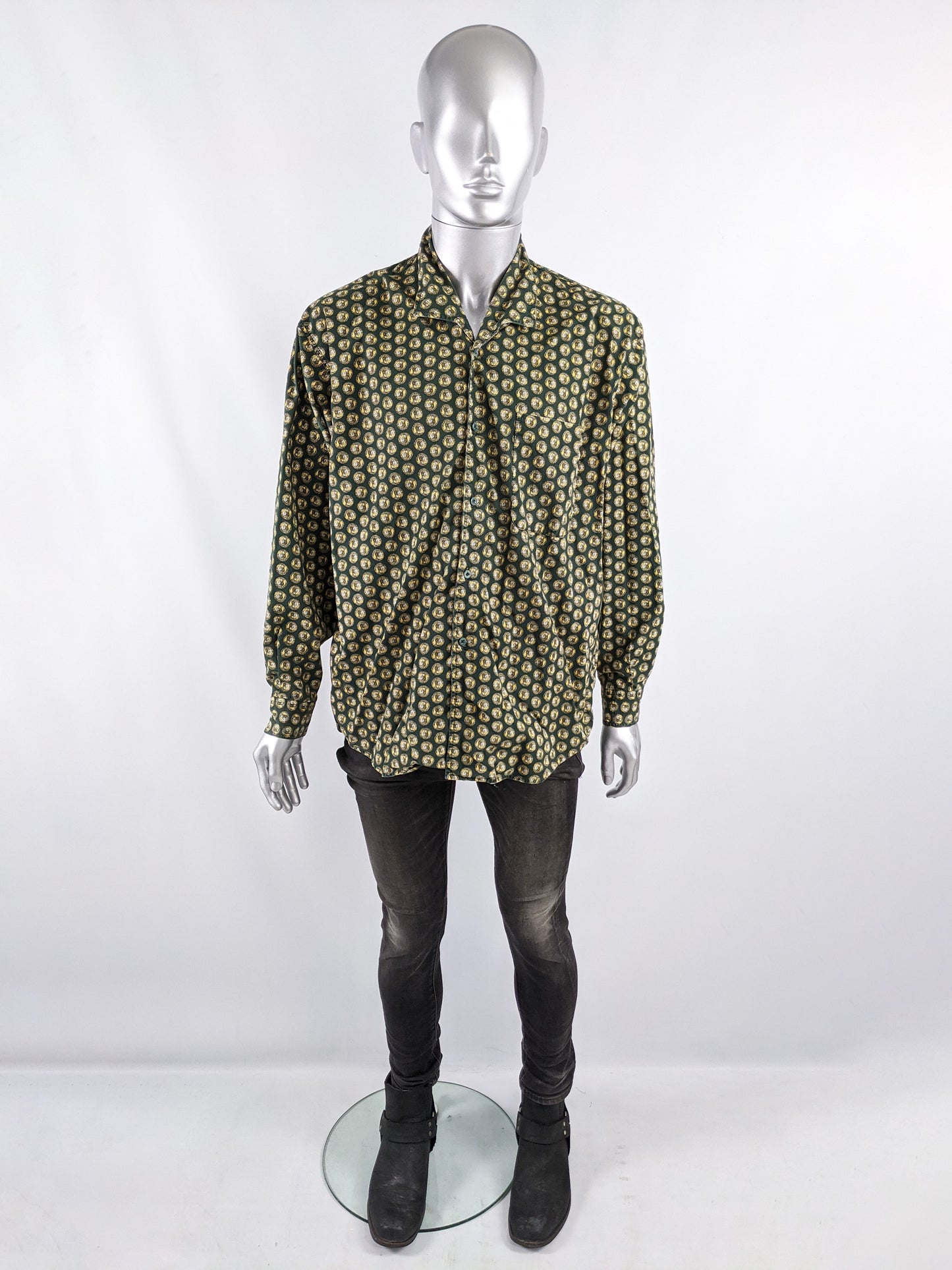 Mens Vintage Franco Coin Print Green Cotton Shirt, 1980s