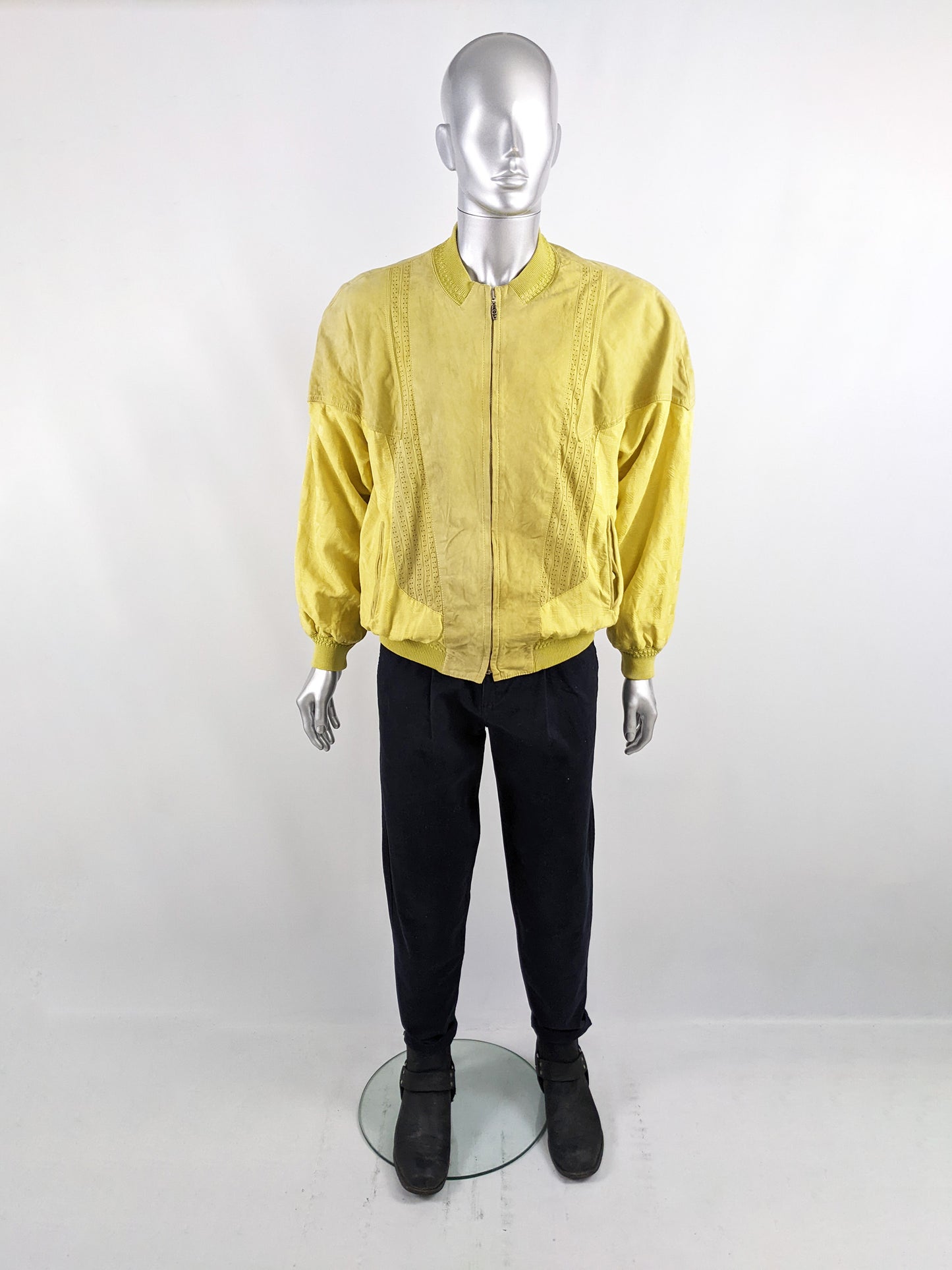 Richard Gelding Mens Vintage Yellow Suede & Silk Bomber Jacket, 1980s