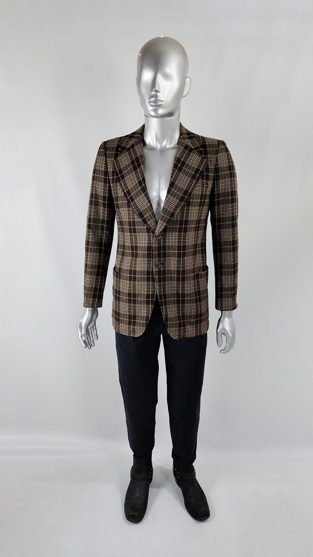 Vintage Mens Brown Checked Wool Fully Canvassed Blazer Jacket, 1970s