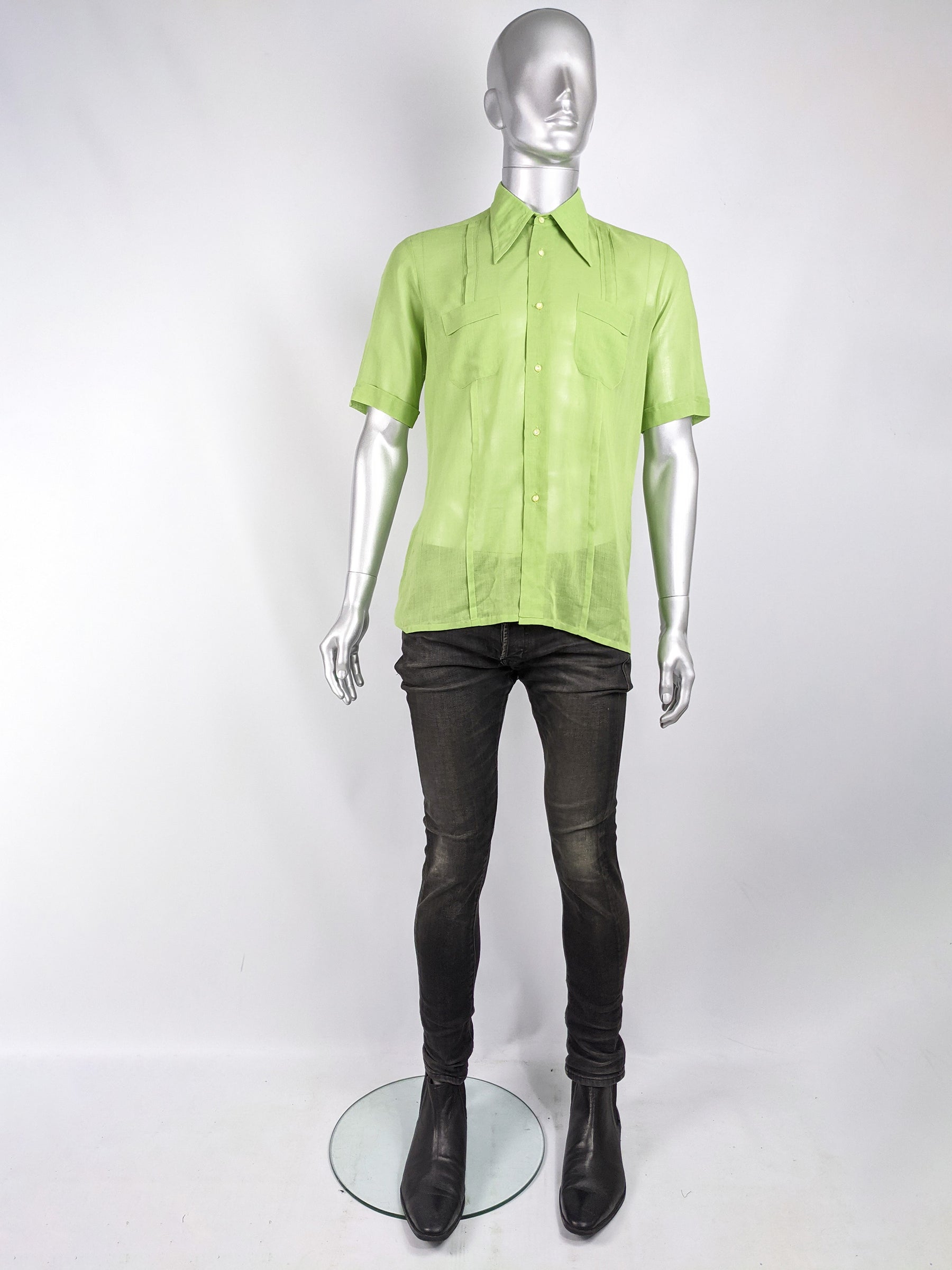 Mens Vintage Green Sheer Pleated Shirt, 1960s
