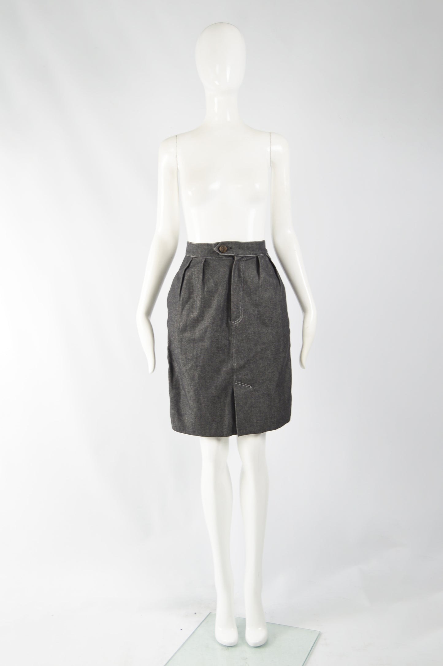 Womens Vintage Grey Denim & Grosgrain Skirt, 1980s