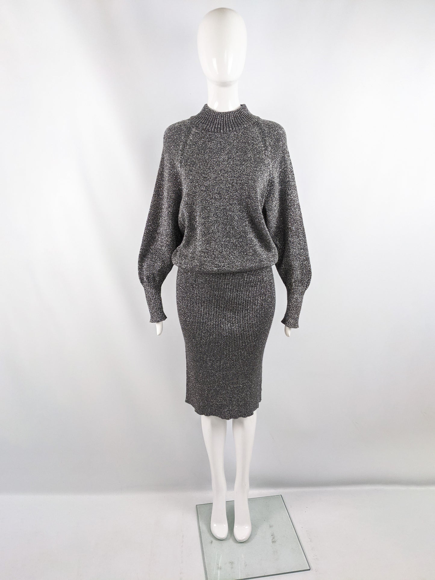 Vintage Ribbed Silver Knit Blouson Dress, 1980s