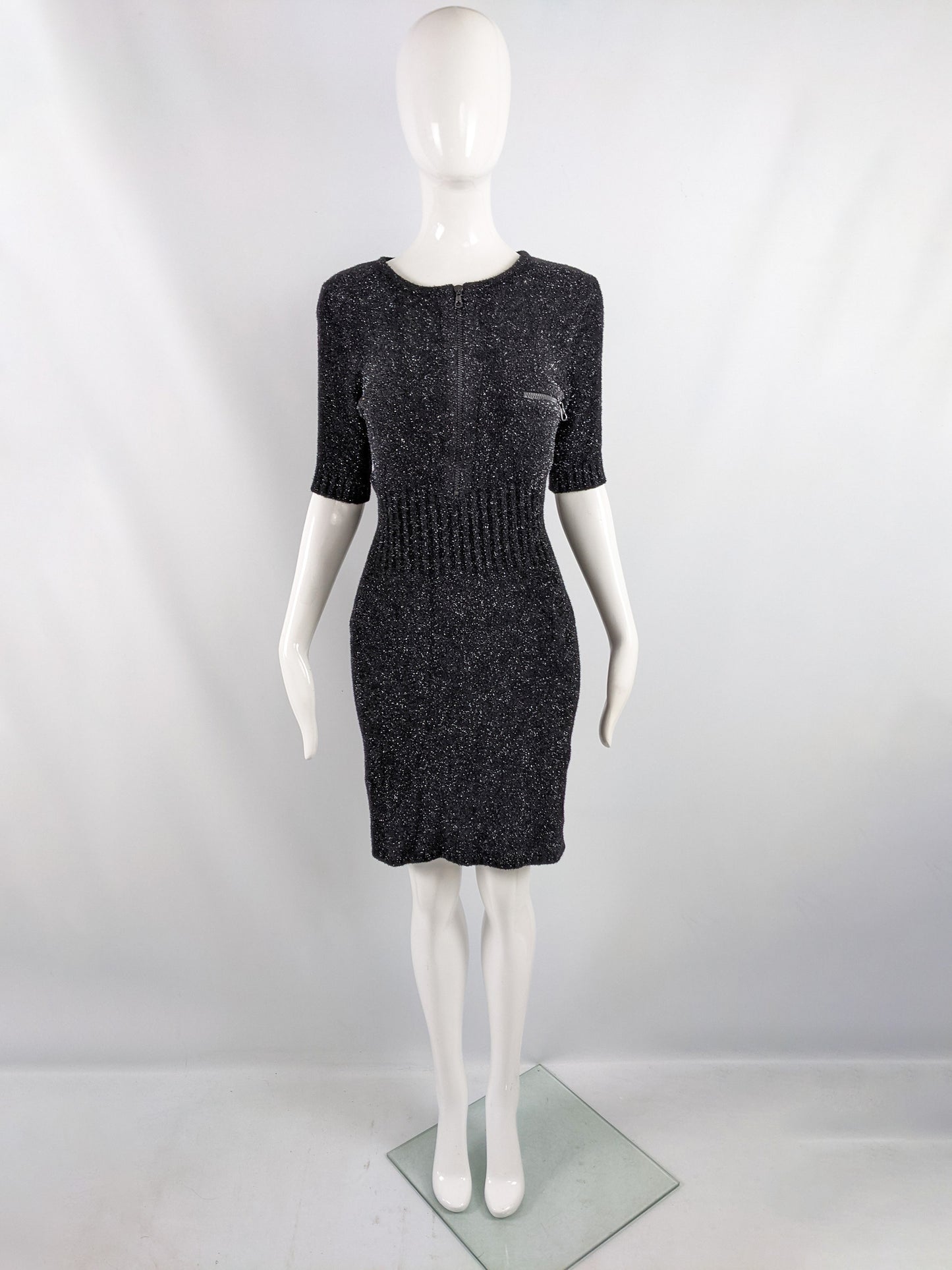 Vintage Black & Silver Metallic Fuzzy Knit Dress, 1990s