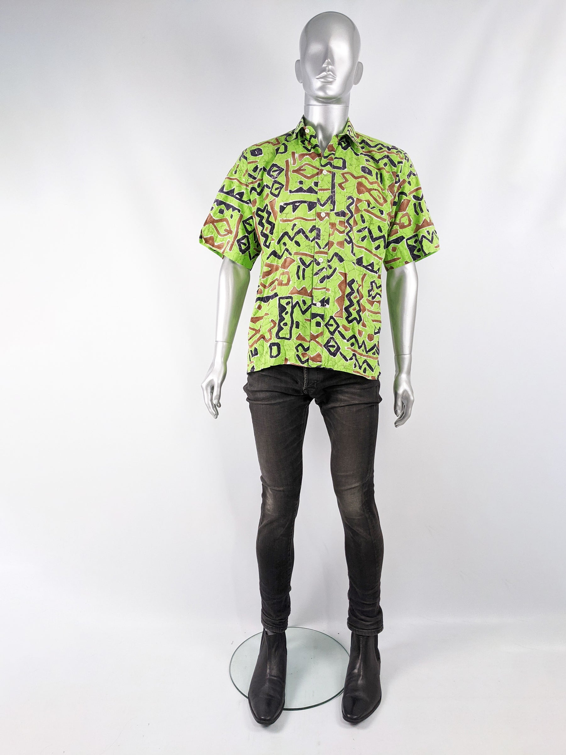 Vintage Mens Green Abstract Print Hawaiian Shirt, 1980s