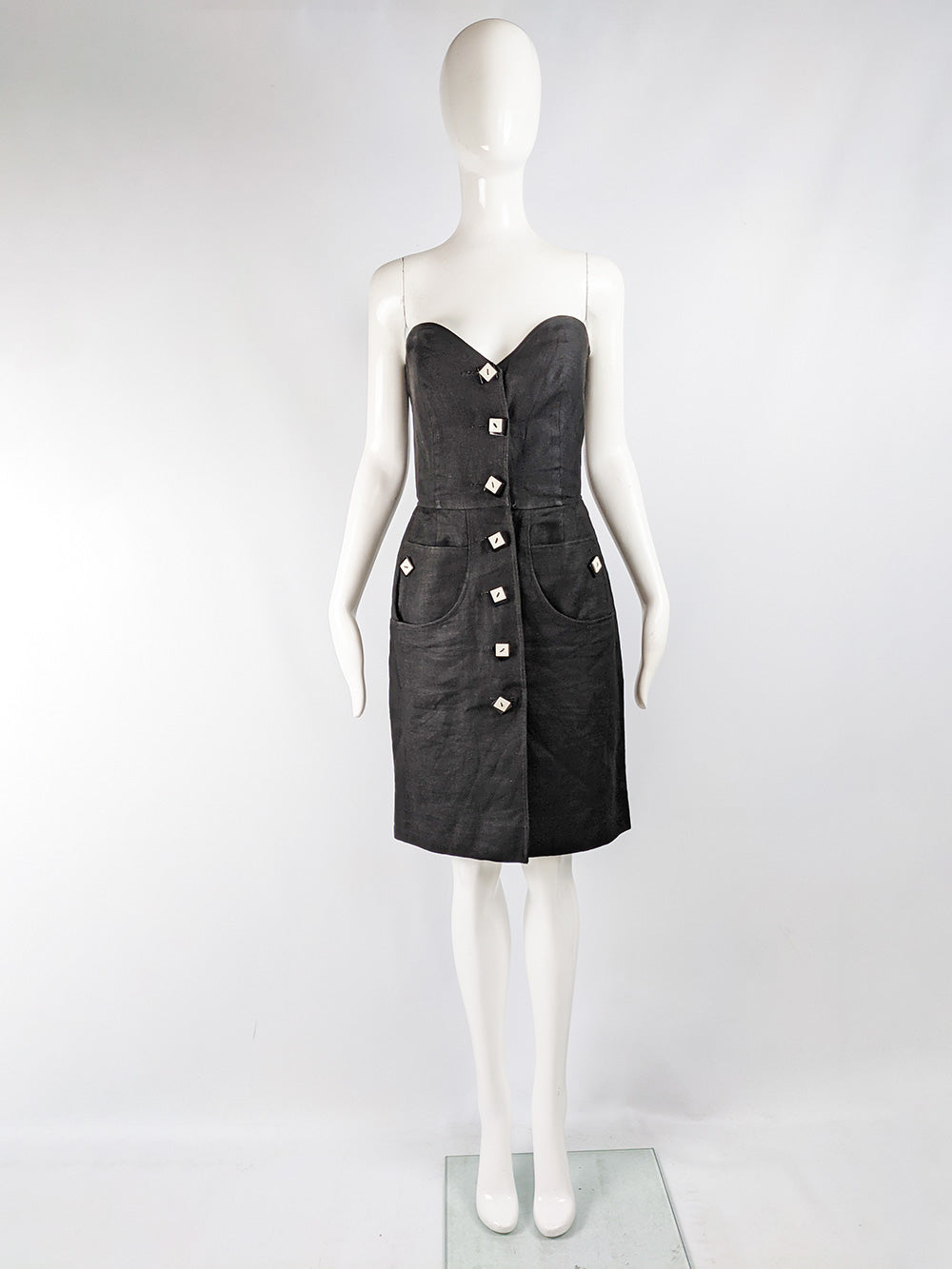 Valentino Vintage Black Linen Strapless Party Dress, 1980s